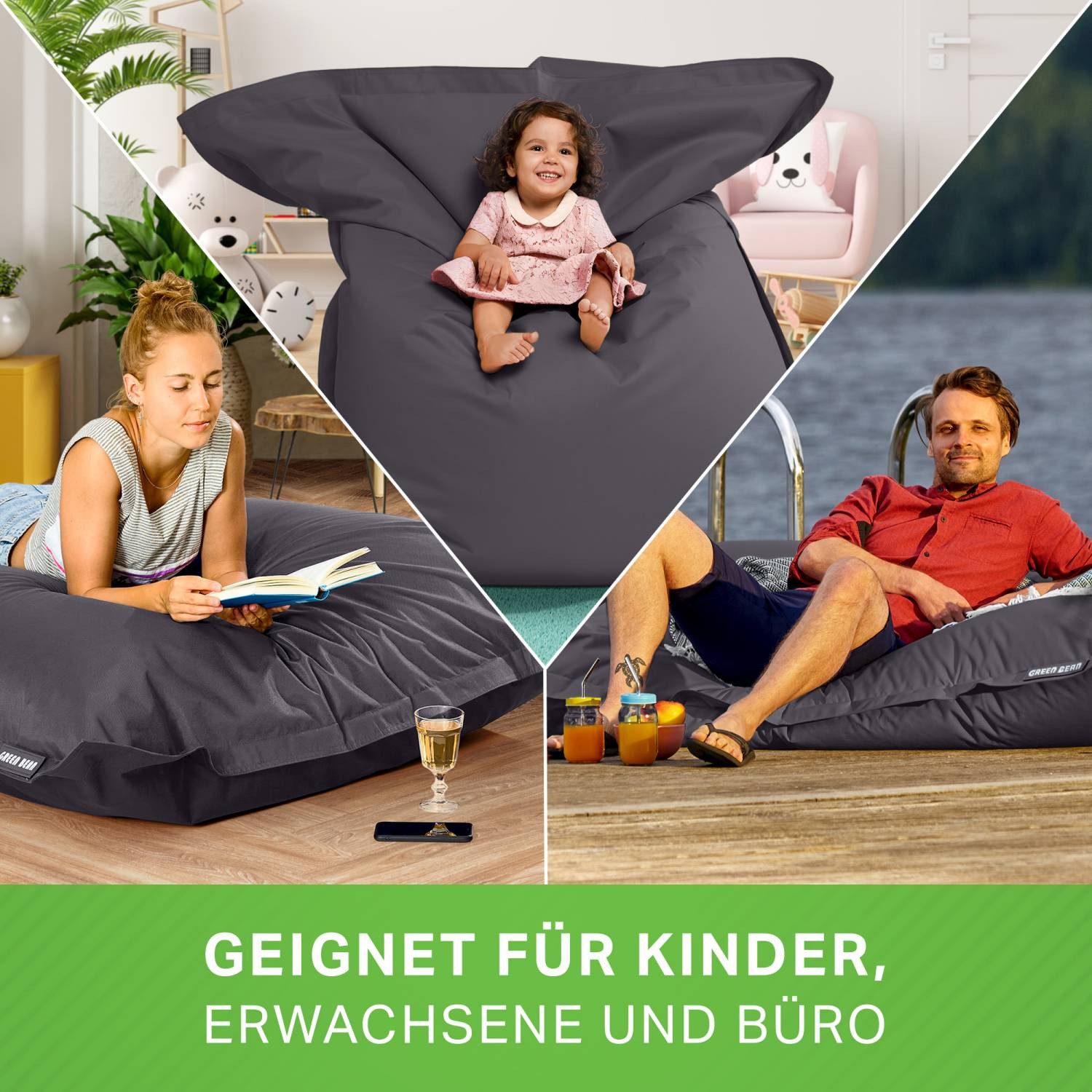 Green Bean Sitzsack XXL Outdoor Sitzsack Square 140x180cm (XXL Riesensitzsack 140x180cm 380 Liter Kinder & Erwachsene Bean Bag EPS Perlen Füllung, Groß Draußen Outdoor Liegekissen), Waschbar Wetterfest Lounge Sitzkissen Bodenkissen