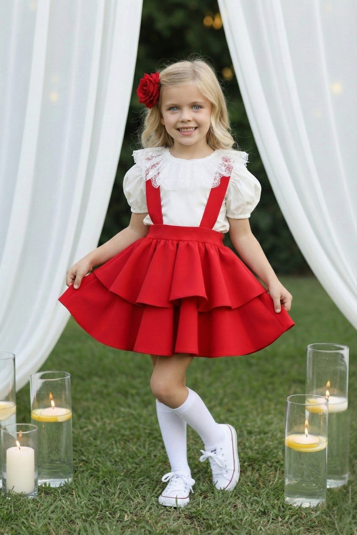 Parla Kids Shirt & Rock Rotes Kleid mit Trägern dazu kurzarm Shirt mit Spitzendetails