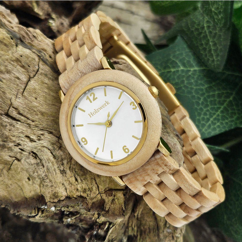 Edelstahl Holz Holzwerk FREITAL Uhr, & gold Armband beige, weiß kleine & Quarzuhr Damen