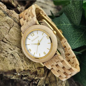 Holzwerk Quarzuhr FREITAL kleine Damen Edelstahl & Holz Armband Uhr, beige, weiß & gold