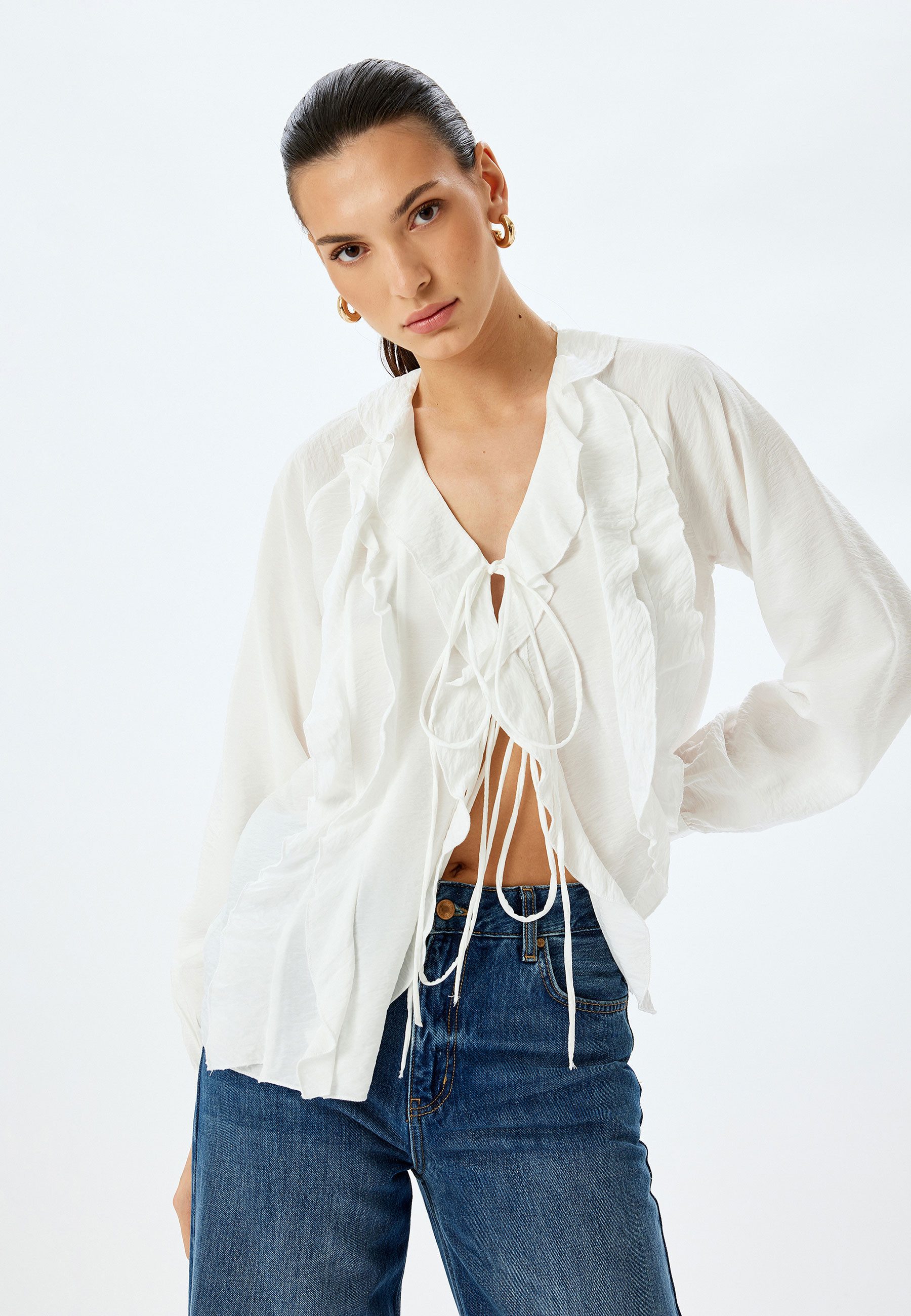 Koton Rüschenbluse Langärmelig V-Kragen Rüschenbluse günstig online kaufen