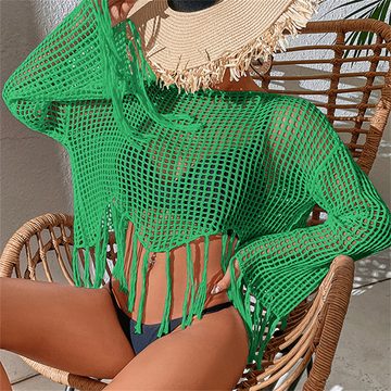AFAZ New Trading UG Strandkleid Hohler Strickpullover mit Quasten, sexy, lockerer, lässiger Bikini Strand-Sonnenschutz, kurzer Stil