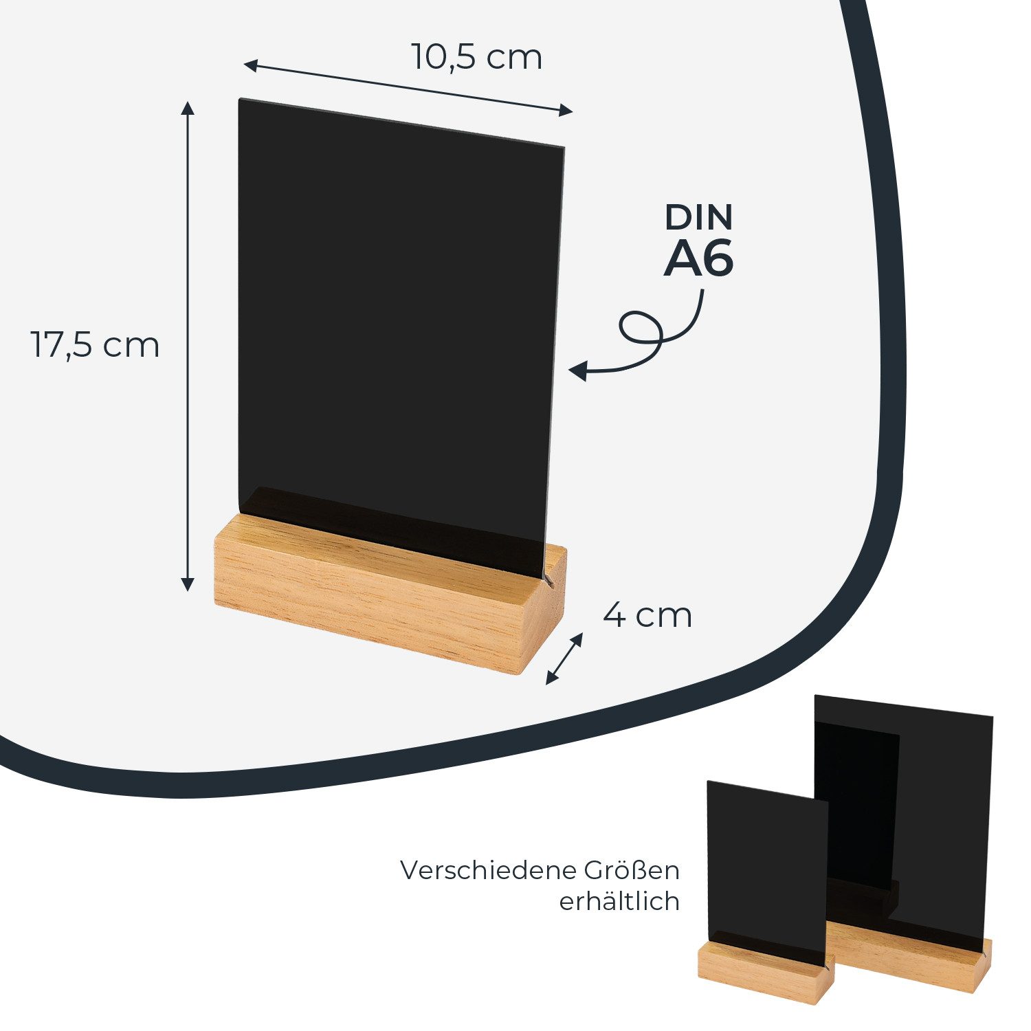 HMF Standtafel Acryl Tischaufsteller im DIN A6 Hochformat mit massivem Holzfuß, (1-tlg), aus Eiche, abwischbare Kreidetafel zum Beschriften, Schwarz – Bild 5 von 5