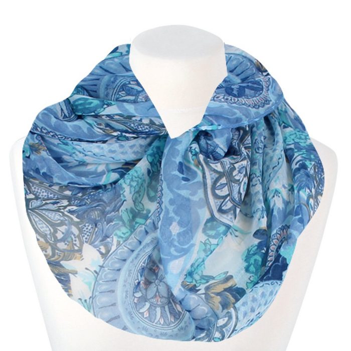 Tini - Shirts Loop Damen Loopschal Blumen & Mandala leichter Schal mit Muster- Blumen & Mandala weiss blau türkis