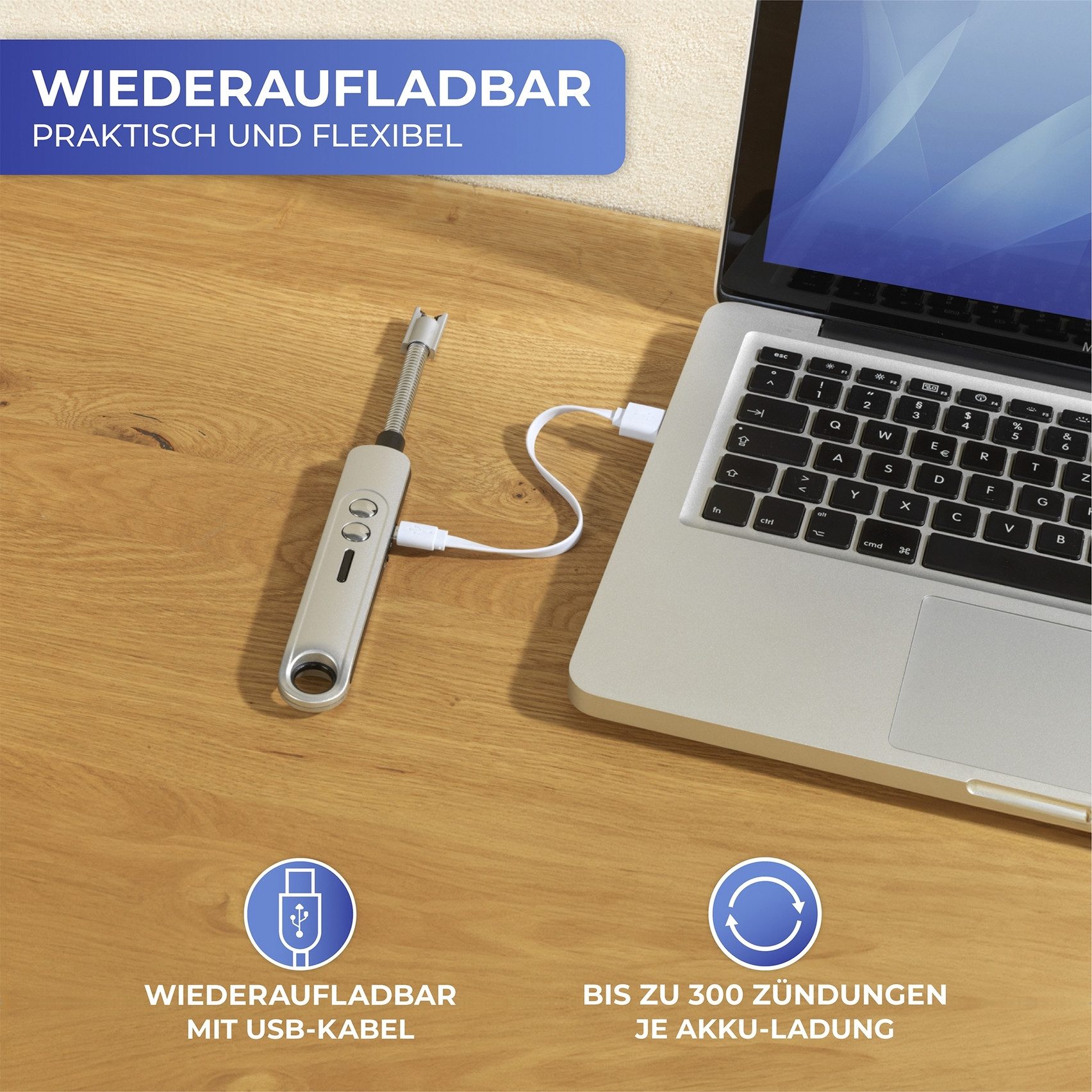 Maximex Stabanzünder LED Lichtbogen-Feuerzeug (1-St), mit elektrischem Anzünder, ohne Gas, Flammen und Nachfüllen