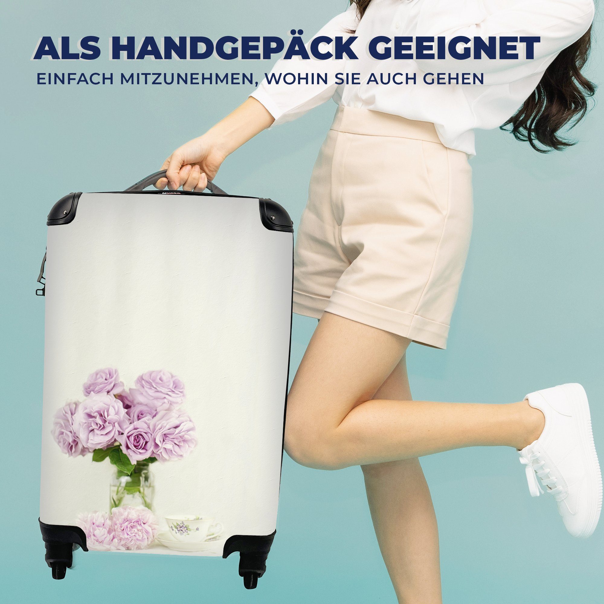 Handgepäck Handgepäckkoffer einer Reisetasche MuchoWow 4 an mit Ferien, Reisekoffer Trolley, für rollen, rosa Teetasse, aus Rollen, Blumenstrauß Pfingstrosen