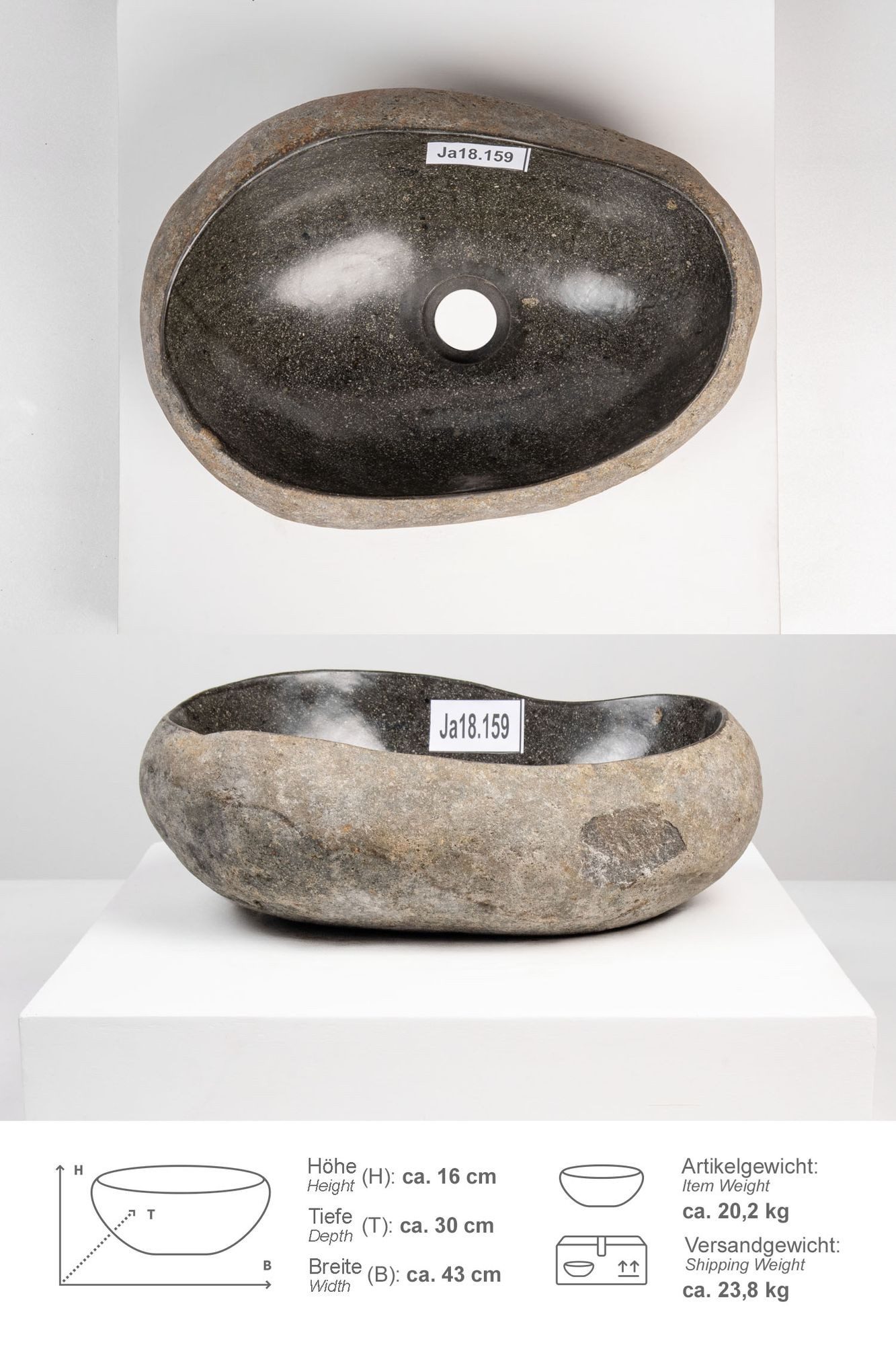 wohnfreuden Aufsatzwaschbecken Naturstein Waschbecken 40 cm mit Naturkante (Kein Set), 101841_Ja18.159