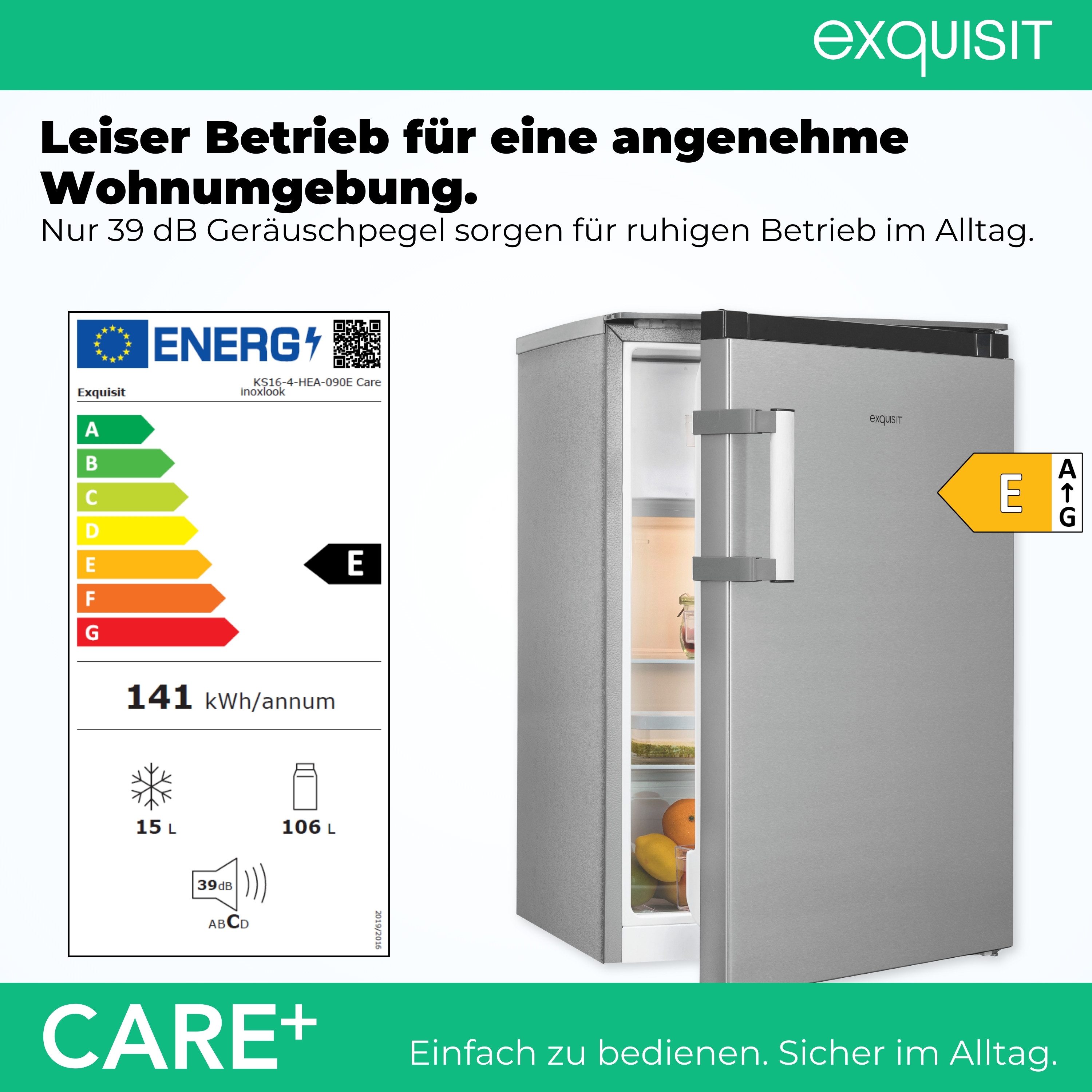 exquisit Kühlschrank KS16-4-HEA-090E Care inoxlook, 86,5 cm hoch, 54,5 cm breit, Kompakter Kühlschrank mit 4*-Gefrierfach, 106 l Kühlvolumen