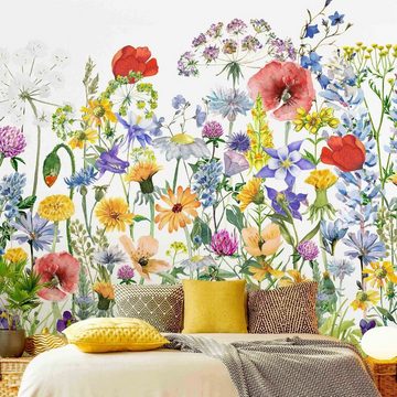 Bilderdepot24 Fototapete Blumen Aquarell Blumenwiese Blumentapete Floral Natur Modern Kunst, Glatt, Matt, (Vliestapete inkl. Kleister oder selbstklebend), Wohnzimmer Schlafzimmer Küche Flur Motivtapete Vliestapete Wandtapete