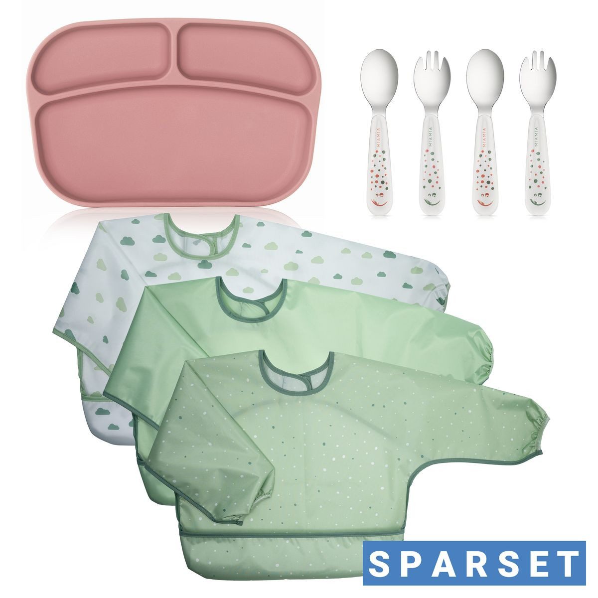 MiaMia Lätzchen Grün / Rose, Kinder Esslern Set 3 Lätzchen, Teller & Besteck (2 Löffel & 2 Gabeln)