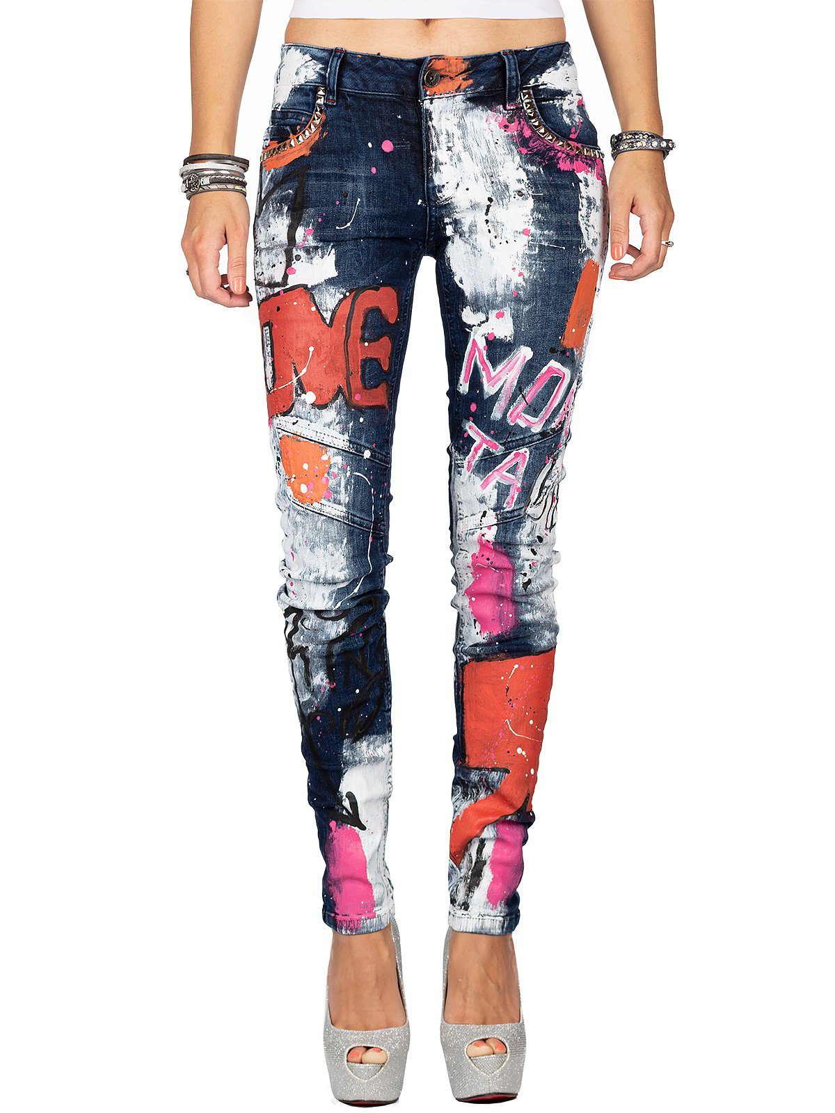 Cipo & Baxx Bikerjeans Damen Slim Fit Hose BA-WD399 mit Nieten Prints im Auffälligen Design