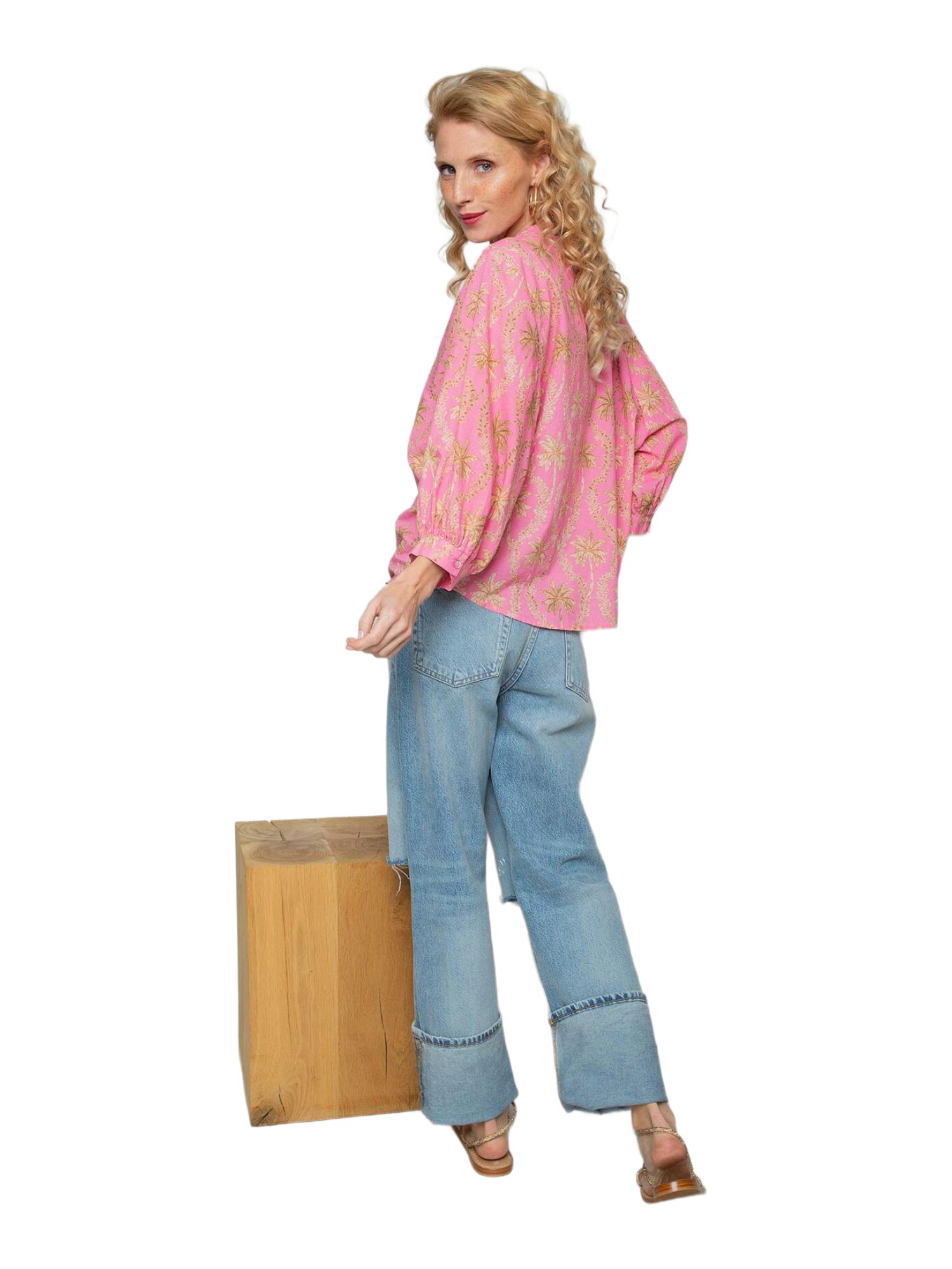 Emily Van Den Bergh Blusenshirt rosa,Casual,Baumwolle,Allover-Print,Stehkragen,Lang,Gerade