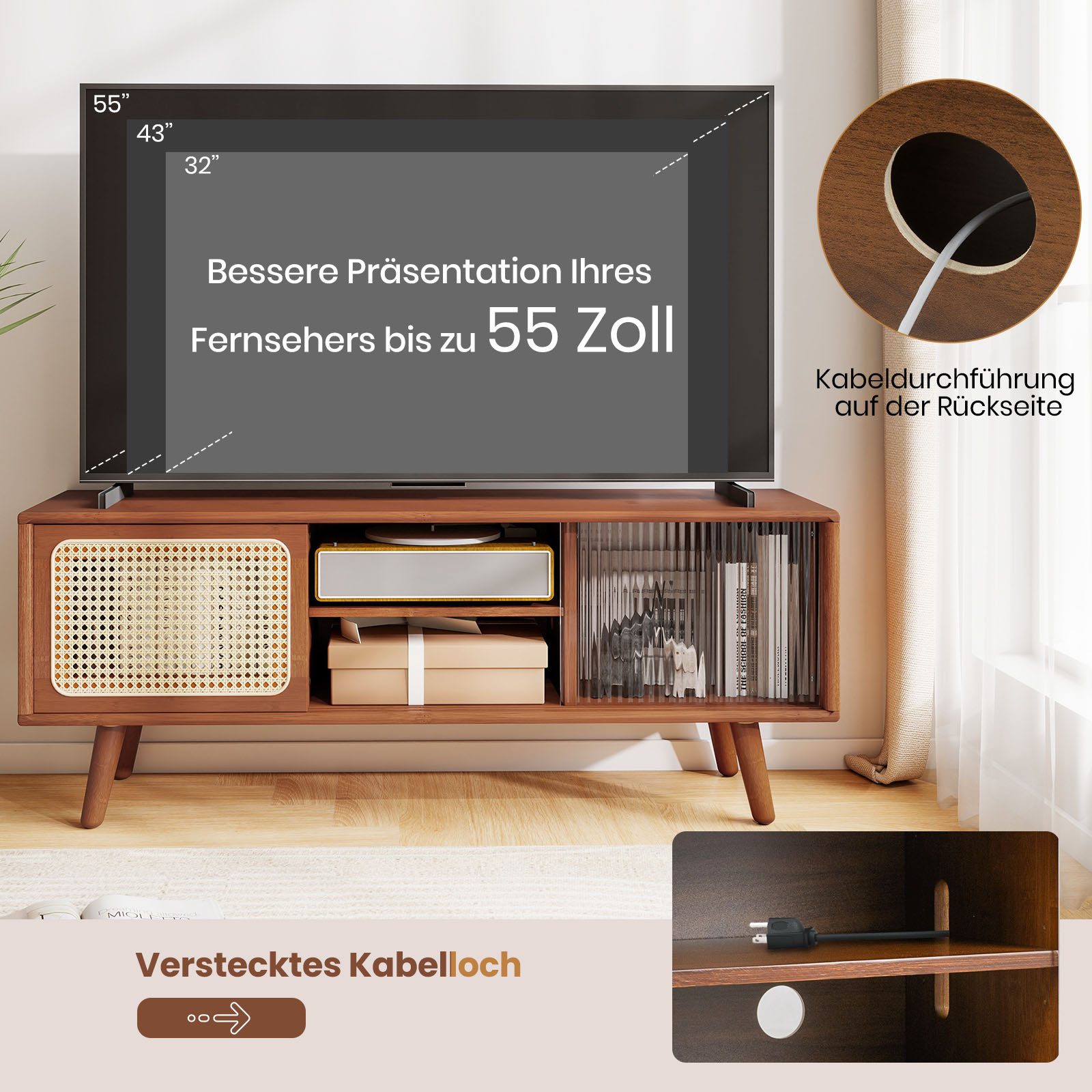 COSTWAY TV-Schrank mit 2 Schiebetüren, Glas und Bambus TV Ständer – Bild 4 von 5