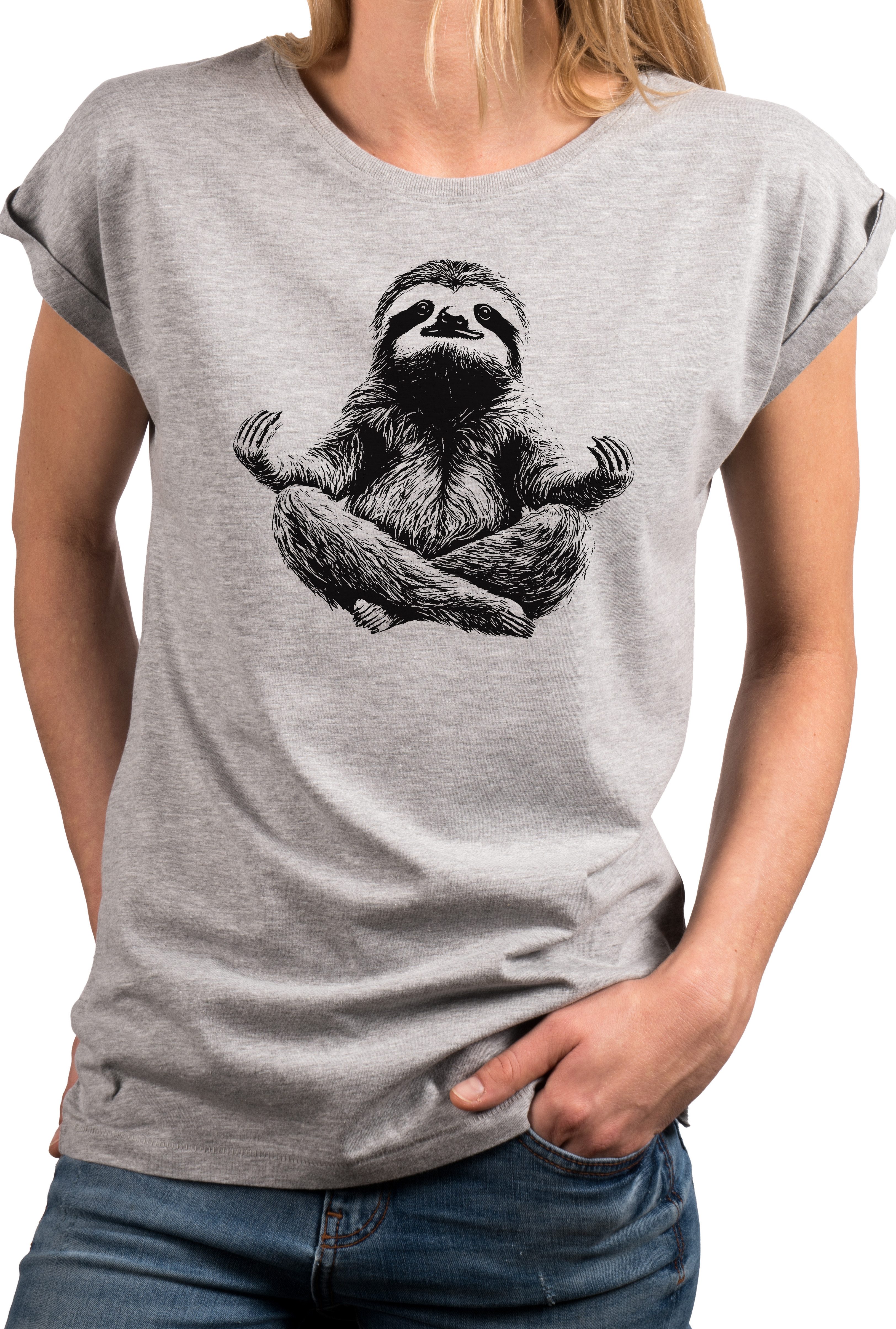 T-Shirt Kurzarm Damen T-Shirt mit lustigem Faultier-Yoga-Aufdruck