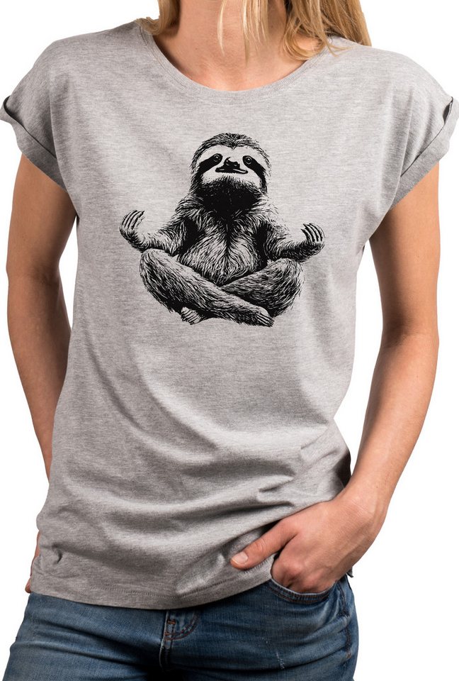 MAKAYA T-Shirt Kurzarm Damen T-Shirt mit lustigem Faultier-Yoga-Aufdruck (Weiß, Rosa, Hellgrau, Grün, Dunkelgrau, 34, 36, 38, 40, 42, 44, 46, 48, 50) Baumwolle