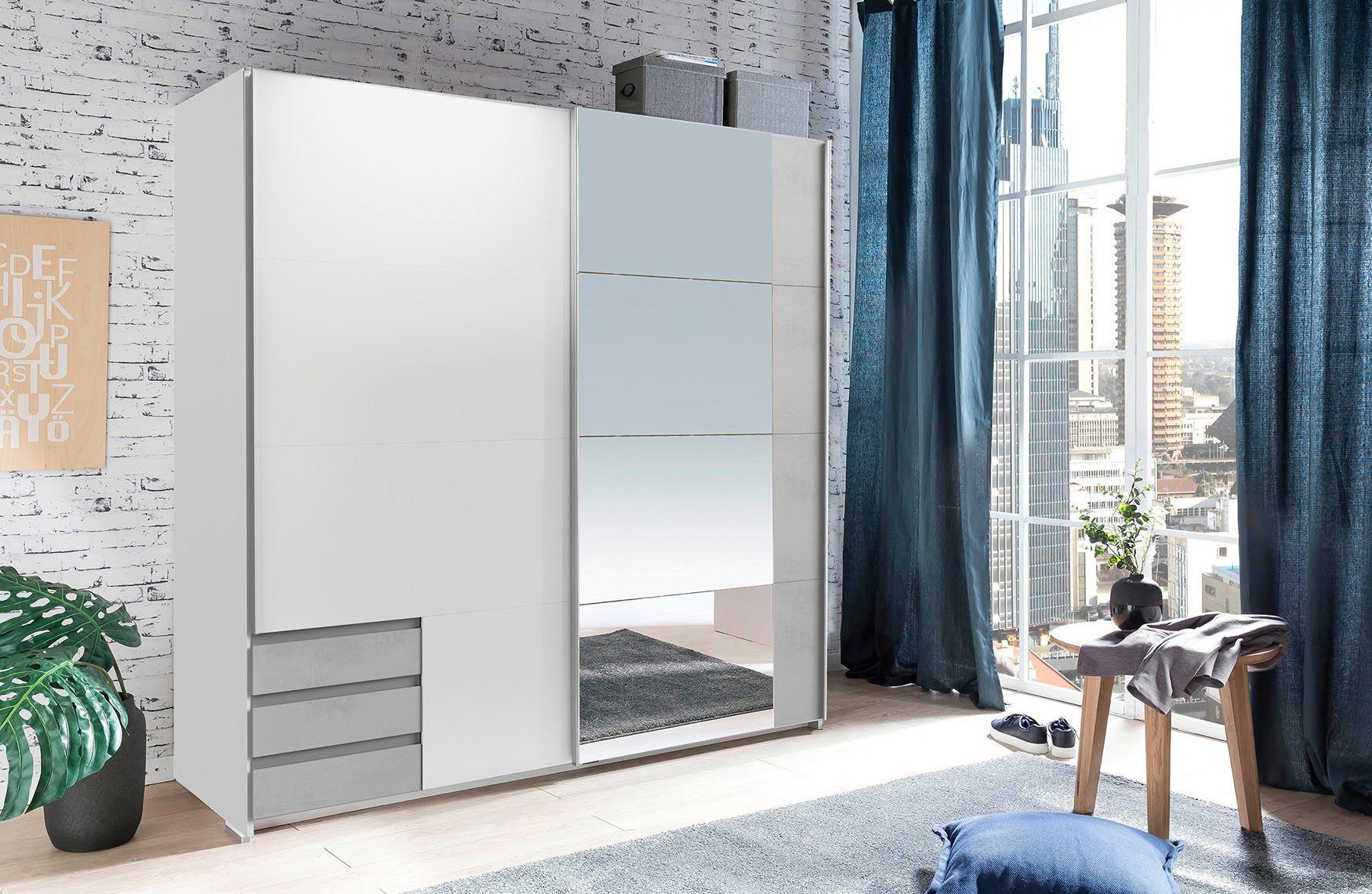 Wimex Schwebetürenschrank Emden moderner Kleiderschrank mit Spiegel und Schubladen Schlafzimmer Schrank Garderobenschrank mit Schwebetüren Topseller