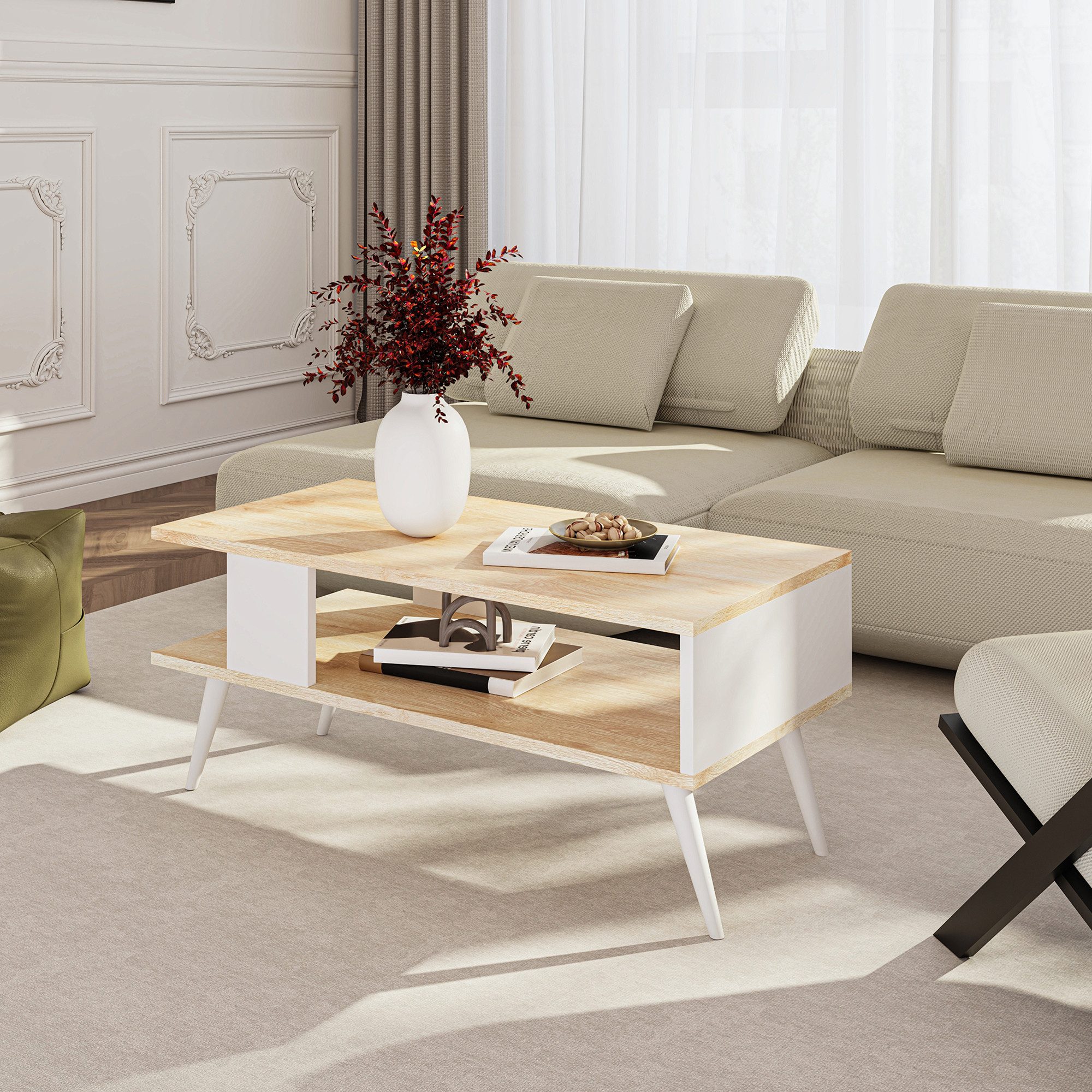 en.casa Couchtisch, »Lycksele« Wohnzimmertisch 40x90x45cm Eiche-Optik/Weiß