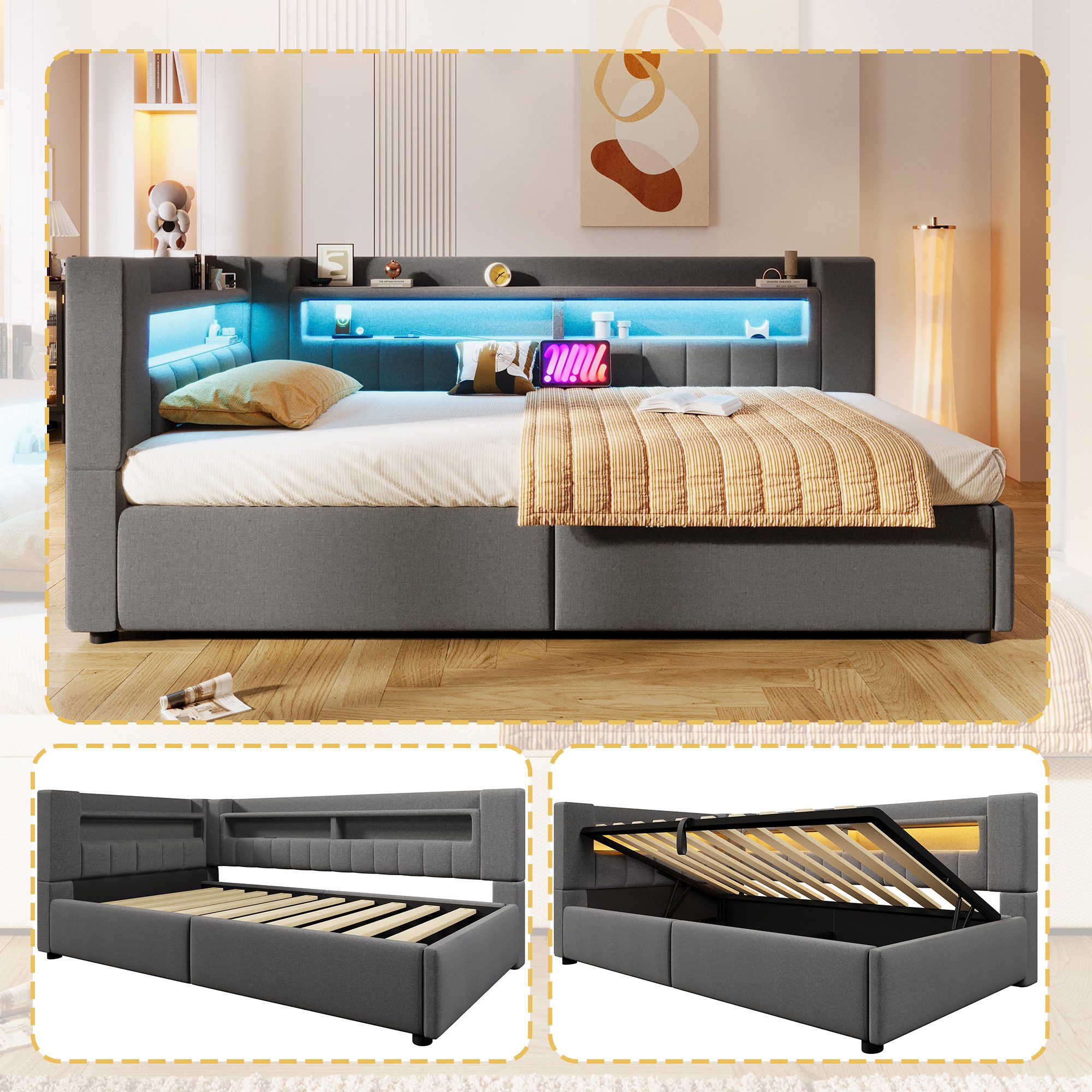 Odikalo Schlafsofa Schlafcouch 90x200 140x200 mit LED und Bettkasten, Hydraulische Lagerungt, Mit USB Typ-C Ladefunktion, LED-Beleuchtung,Sofabett, Einzelbett, Ohne Matratze, Leinen, minimalistischer Stil