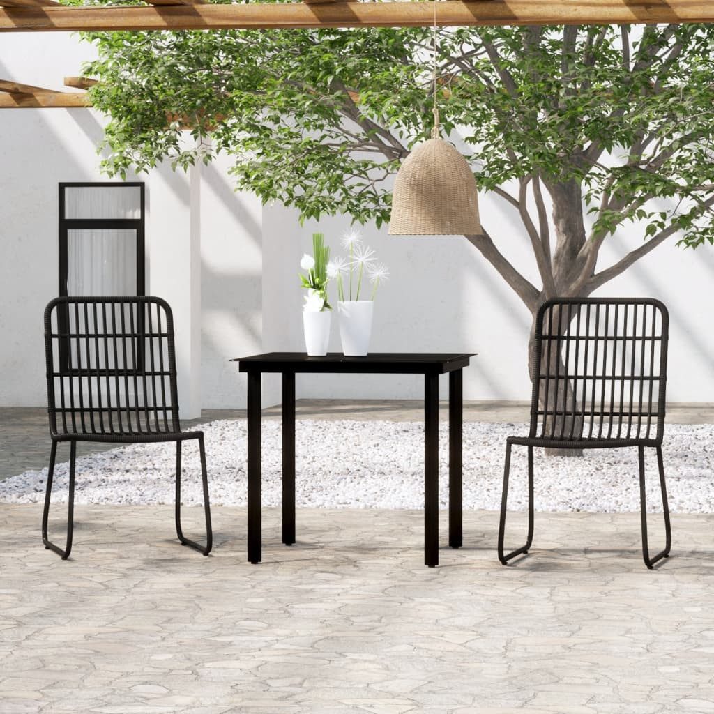furnicato Garten-Essgruppe Schwarz 80x80x74 cm Tisch & 66,5x53,5x90 cm Stühle, (1-tlg), UV-beständige Sitzgruppe mit Glastischplatte und Rattan-Stühlen