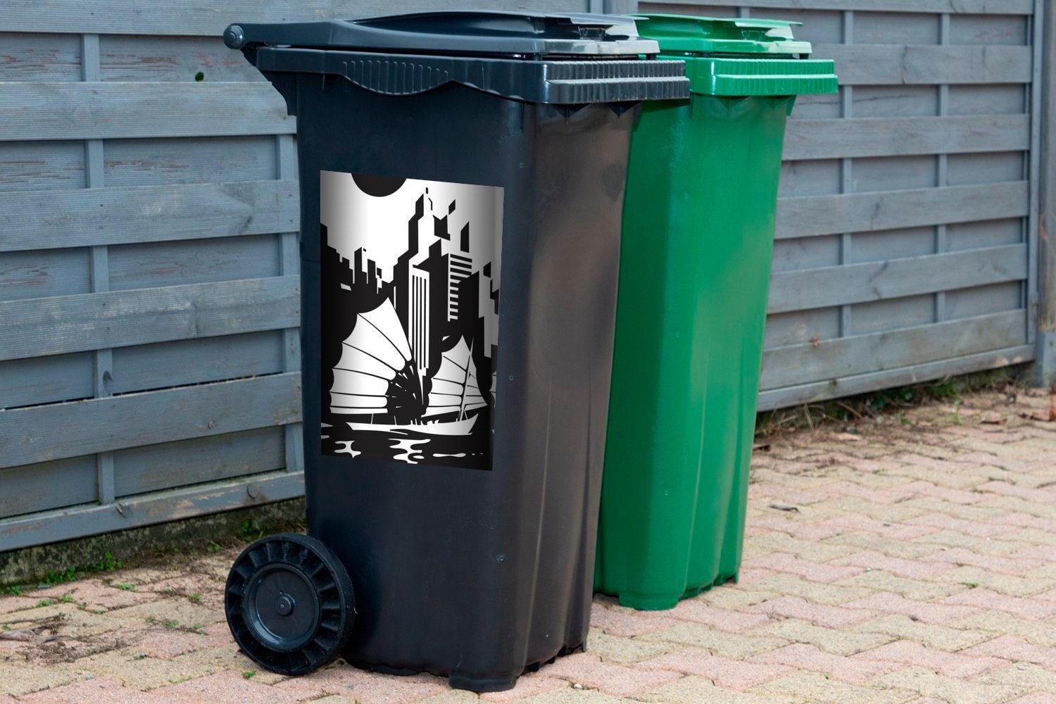 MuchoWow Wandsticker Mülltonne, Boot Eine Mülleimer-aufkleber, Illustration St), mit schwarz-weiße einem Abfalbehälter Hongkong Sticker, (1 Container, von