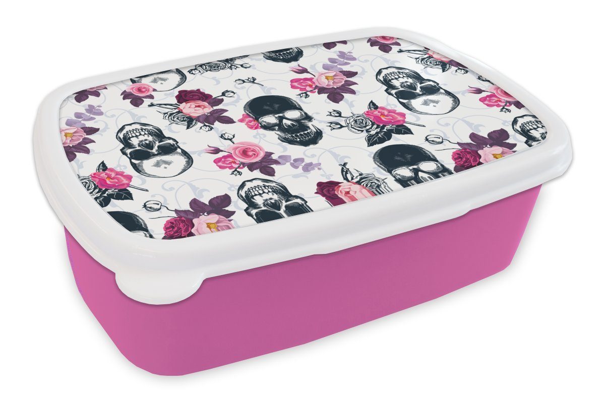 MuchoWow Lunchbox Teens - Totenkopf - Rose - Muster, Kunststoff, (2-tlg), Brotbox für Erwachsene, Brotdose Kinder, Snackbox, Mädchen, Kunststoff rosa