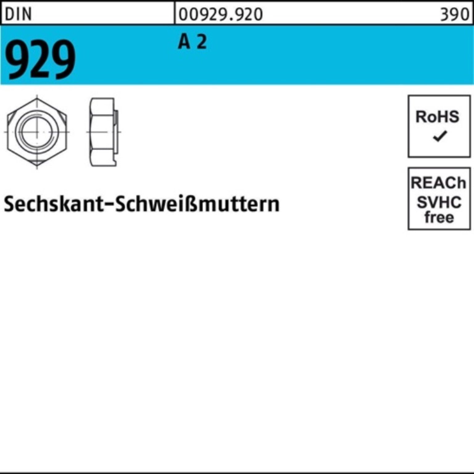 Reyher Anschweißmutter DIN A Pack 929 M16 929 100er 50 Sechskantanschweißmutter 2 Stück DIN