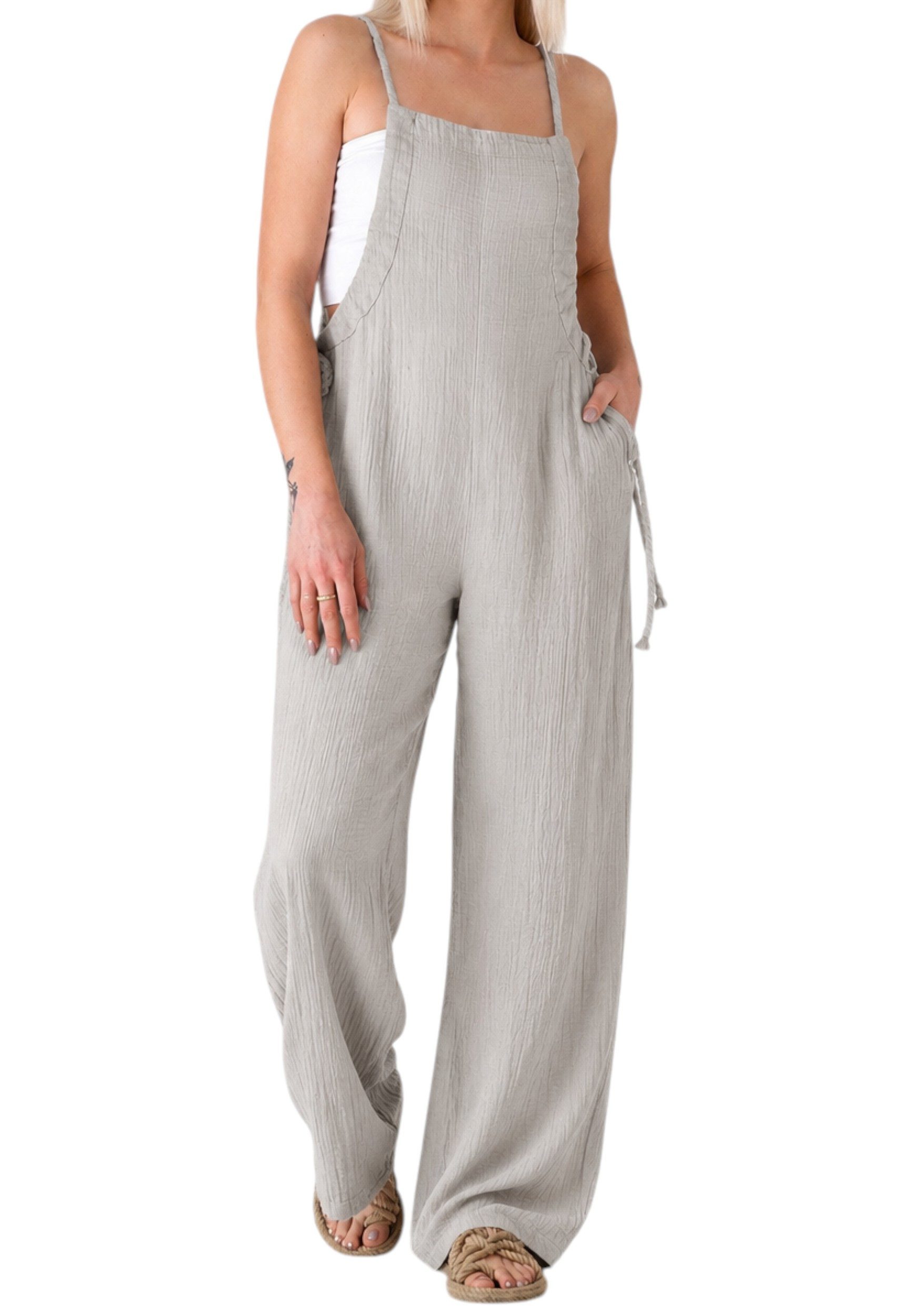 WENOR Overall Damen Jumpsuit Musselin mit Flechtträgern – locker & größenverstellbar Geflochtene, verstellbare Träger; weite Beinform