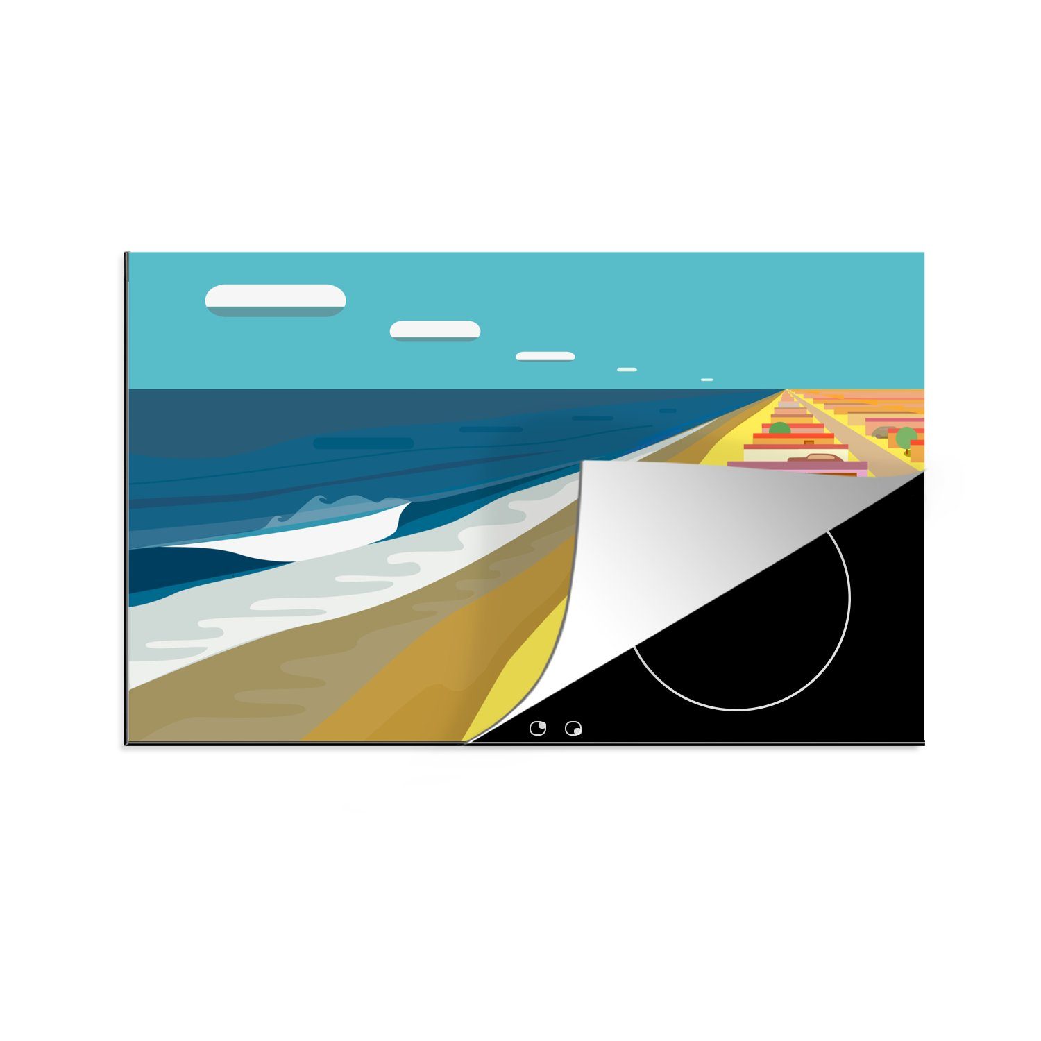 MuchoWow Herdblende-/Abdeckplatte Illustration eines amerikanischen Autos in der Nähe von Strandhäusern, Vinyl, (1 tlg), 81x52 cm, Induktionskochfeld Schutz für die küche, Ceranfeldabdeckung