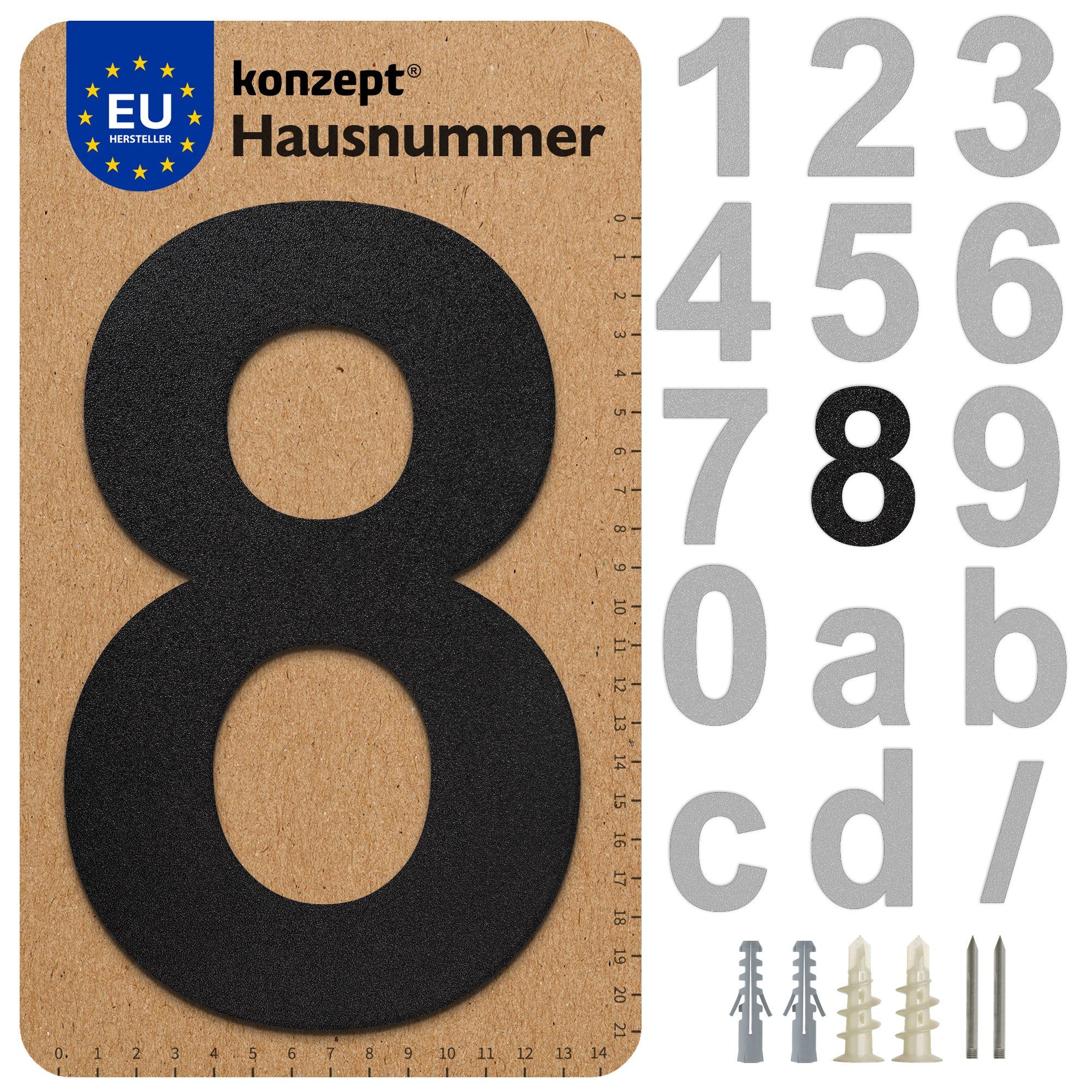 KONZEPT Hausnummer in Schwarz/Graphite, Briefkastennummer von 0 bis 9, (aus massiven Stahl mit witterungsbeständiger, Pulverbeschichtung), Metallbuchstaben A/B/C/D/F und /