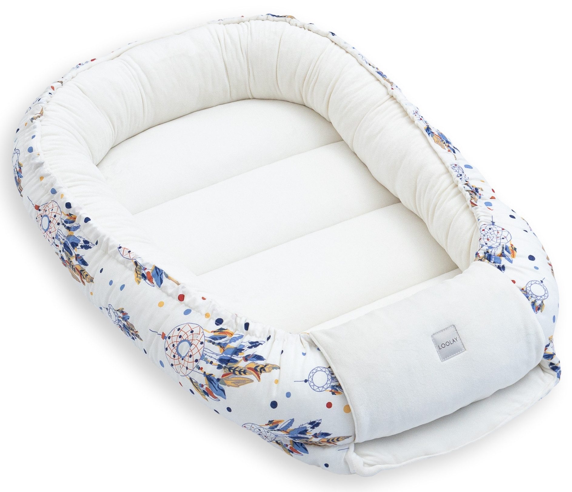 Loolay Kuschelnest BABYNEST SOLO Premium Babyausstattung - Baumwolle & Samt Velours, (MUSTER: ECRU Samt Velour/ Traumfänger Ecru, 1-tlg., Liebevoll handgefertigt Nestchen! Geborgenheit Komfort für Neugeborene), Premium Ausstattung - 100% Europäische Stoffe und Kleinserien-Nähen!