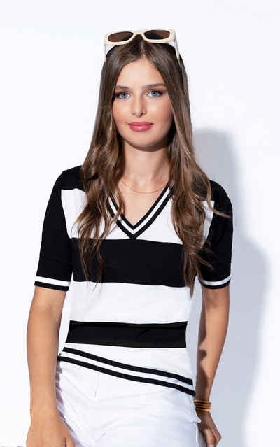 Passioni Streifenpullover Schwarz-Weiß gestreifter Pullover mit V-Ausschnitt und kurzen Ärmeln