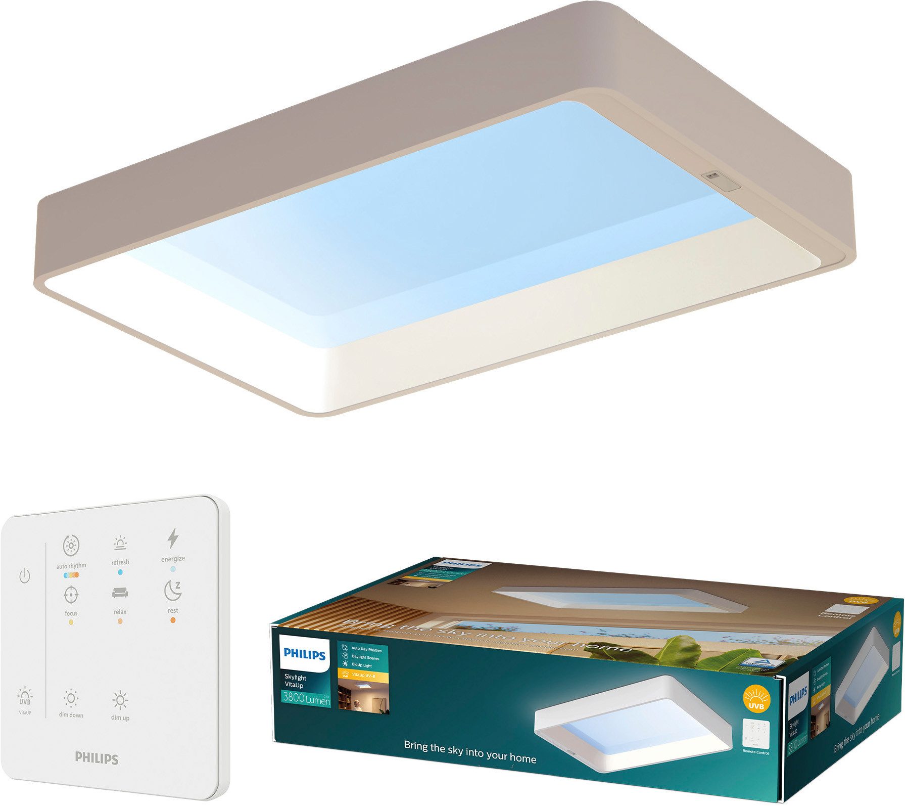 Philips LED Deckenleuchte Skylight VitaUp LED Panel mit Tageslichtsimulation, IP44, Abschaltautomatik, CCT - über Fernbedienung, Dimmfunktion, Ein-/Ausschalter, Farbsteuerung, Farbwechsel, Fernbedienung, Infrarot inkl., Memoryfunktion, Softlichtstart, dimmbar über Fernbedienung, mehrere Helligkeitsstufen, LED fest integriert, Tageslichtweiß, unterstützt Vitamin-D-Produktion, BioUp, inkl. Fernbedienung
