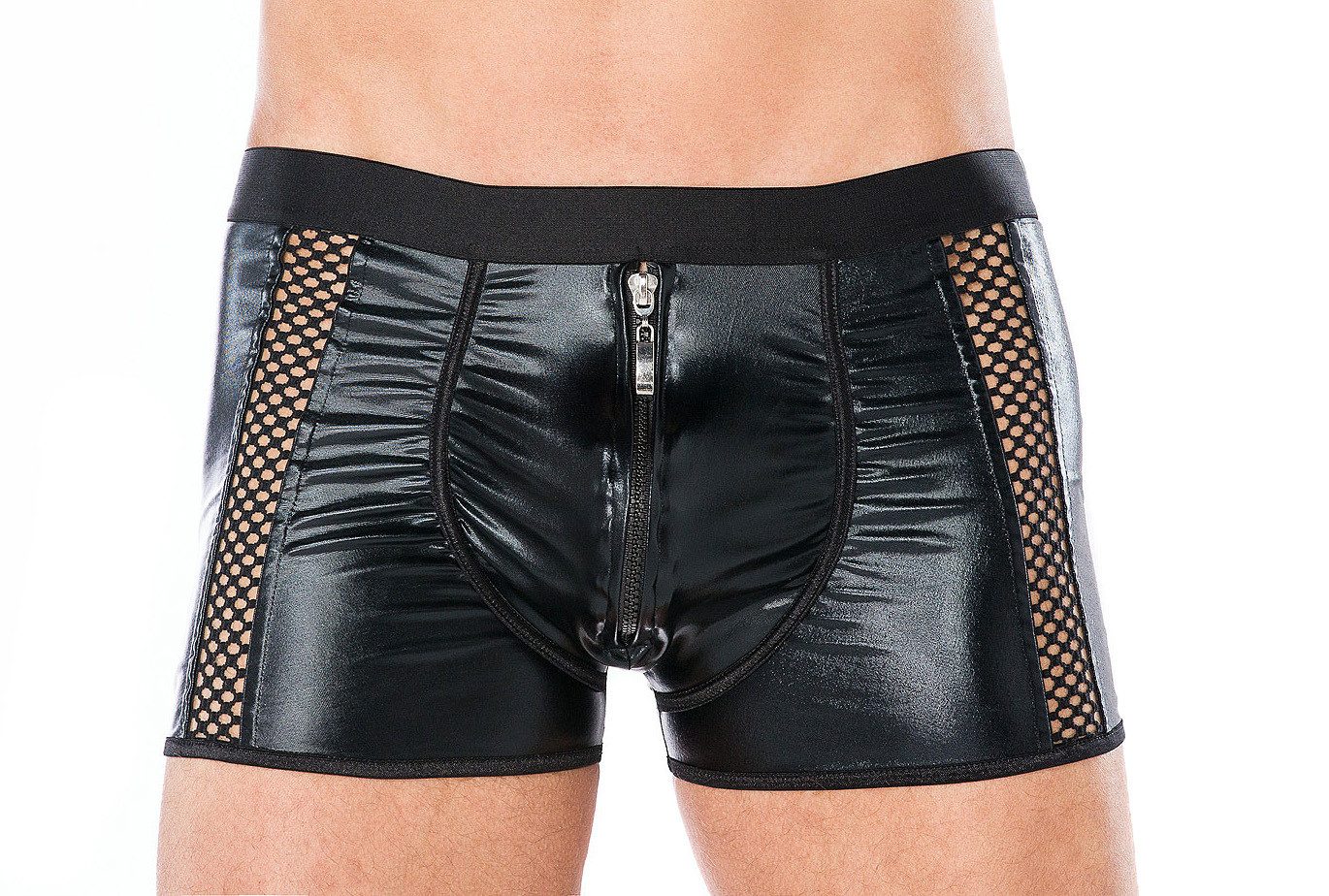 Boxershorts Herren Dessous Boxer-Shorts schwarz aus wetlook Material mit Reißversc