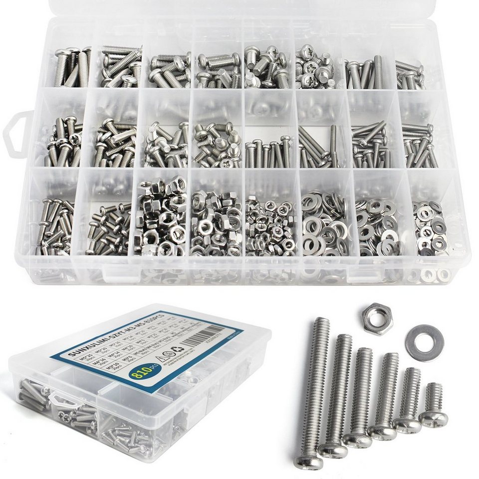 Natsen Schrauben-Set 810pcs Rundkopf Kreuzschrauben M3 M4 M5, (mit Muttern  und Unterlegscheiben Sortiment Kit, 304 Edelstahl), Maschinenschrauben  Befestigungsschrauben in Aufbewahrungsbox