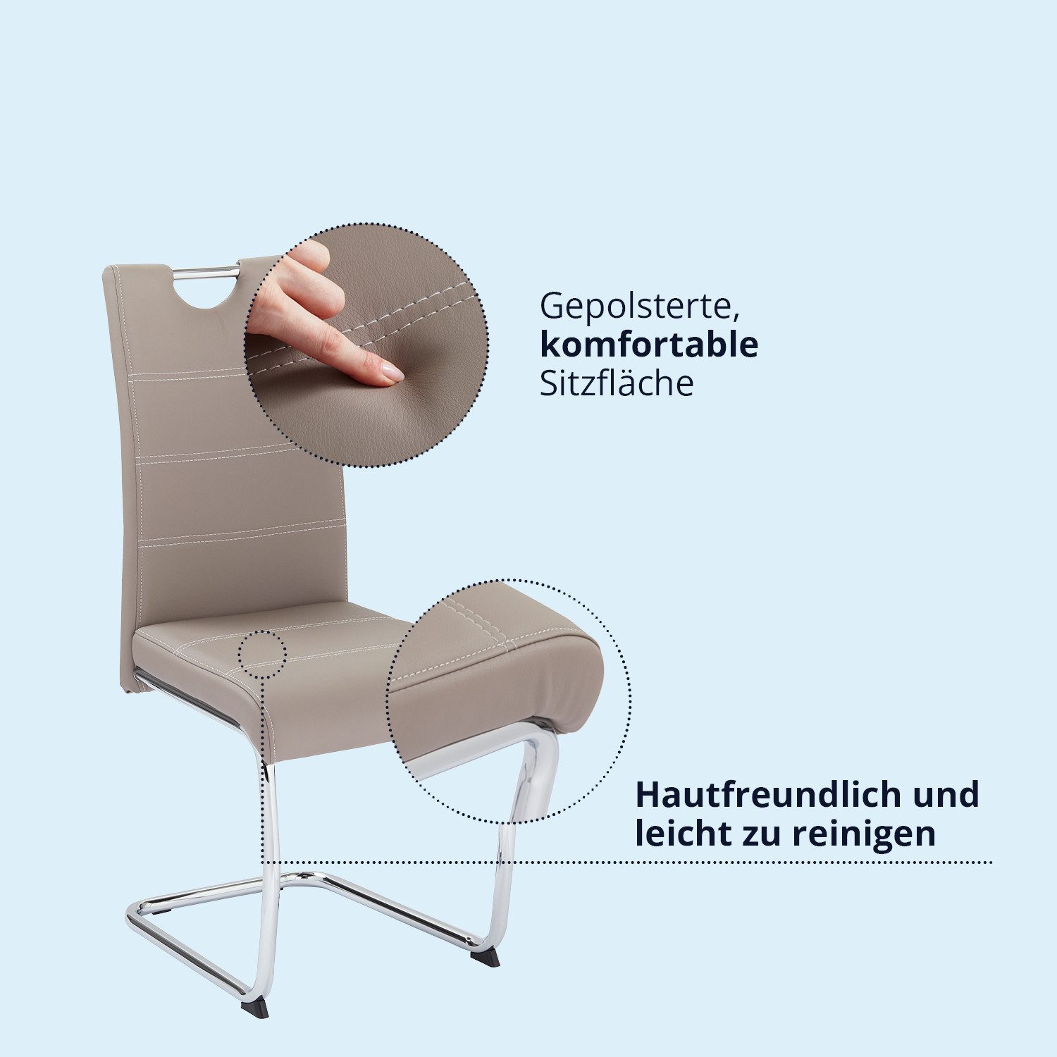 KHG Freischwinger Esszimmerstuhl Kunstleder Beige, bis 120 kg belastbar, Modern, gepolstert, eleganter Look, Metallgestell verchromt mit Griff – Bild 5 von 5