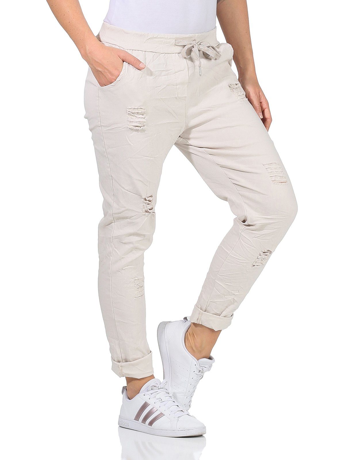 Aurela Damenmode Chinohose Kordelzug Taschen, elastischer Gummibund Used mit (1-tlg) Look mit Schnürung, Sommerliche Natur Hose Damenhose im Chino Kordelzug