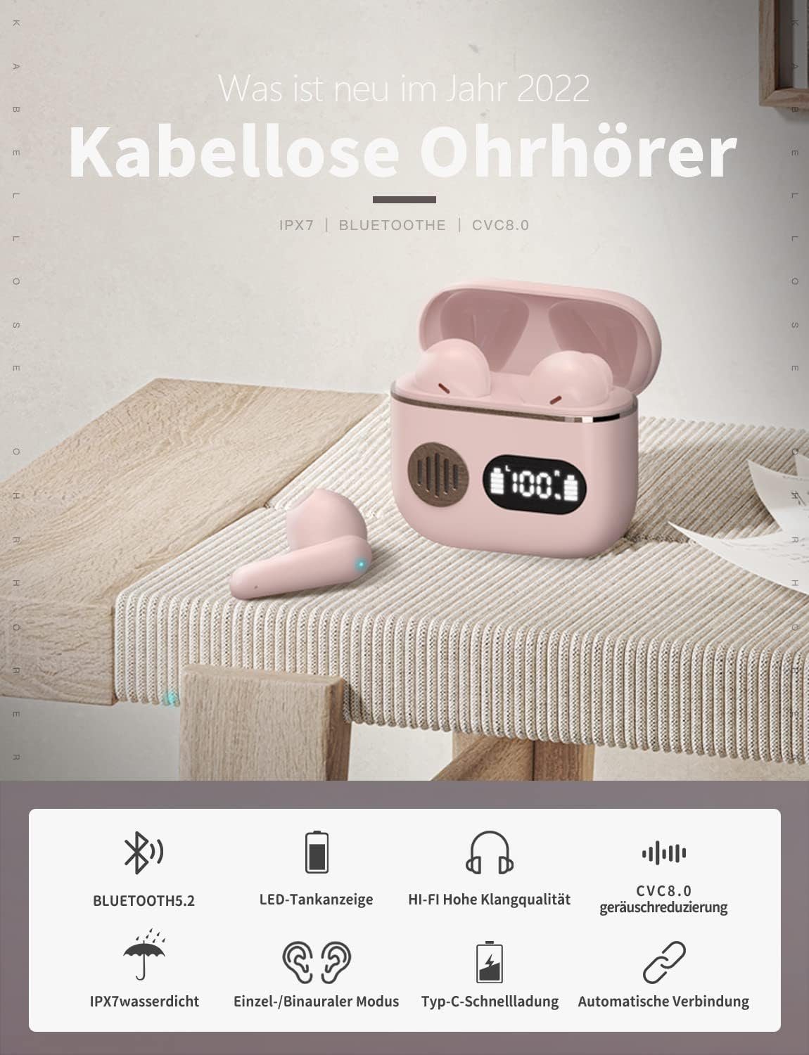 Bluetooth-Kopfhörer digitale Bluetooth-Headset, Rauschunterdrückung kabelloses Rosa TWS MOUTEN