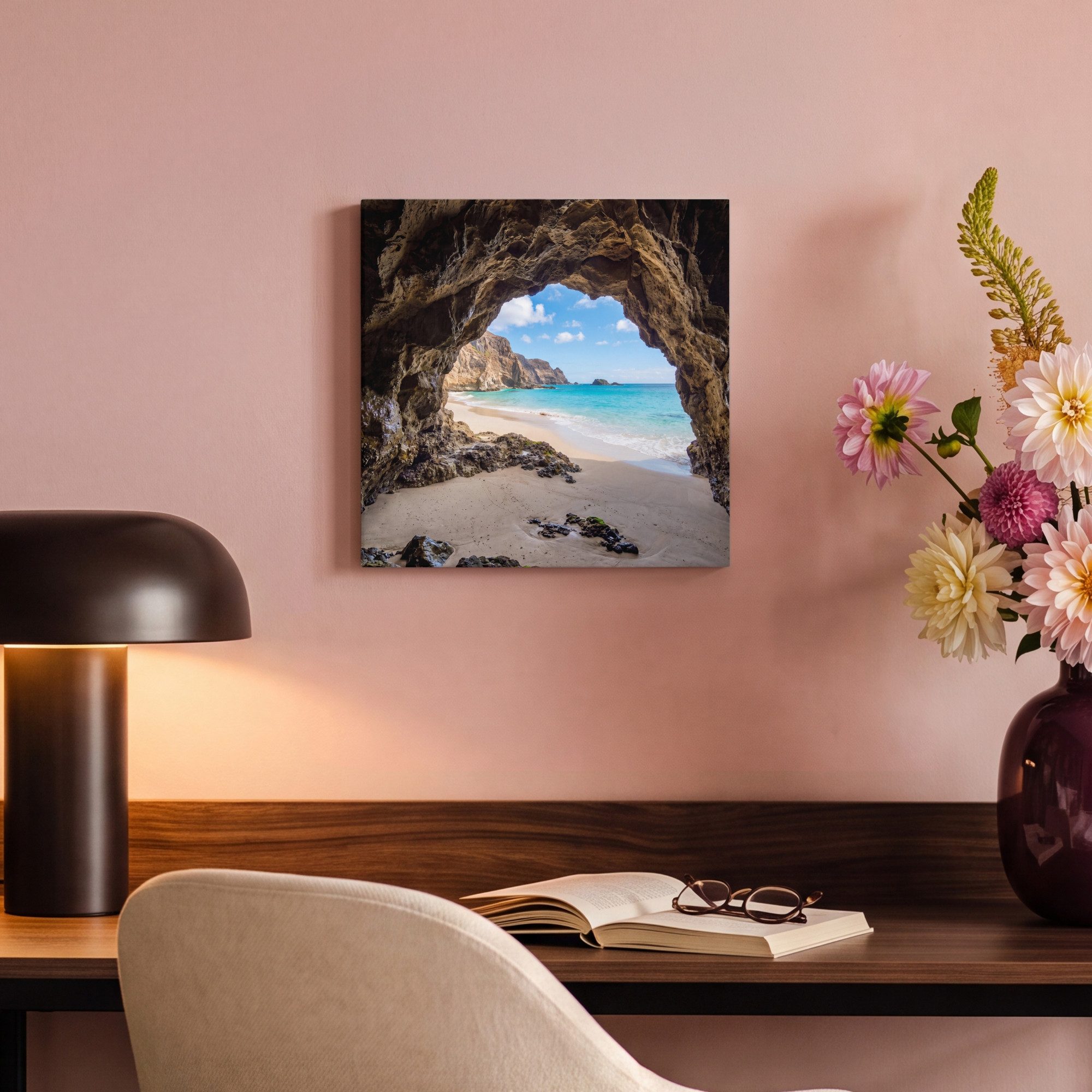 OneMillionCanvasses® Leinwandbild Höhle - Strand - Meer - Blau, Fotodruck (1 St), Leinwand Bilder Klein, Wand Dekoration Aesthetic 30x20 cm – Bild 4 von 5