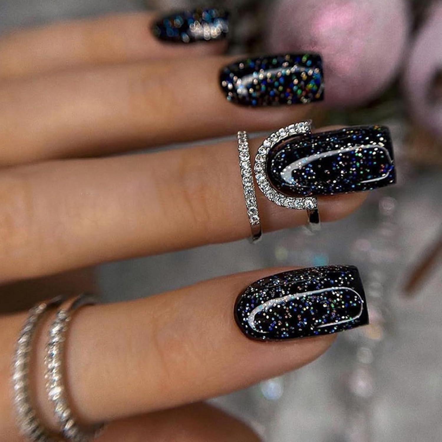 LuxusKollektion Kunstfingernägel 24er Set Acryl Falsche Nägel Schwarz Glitzer Eckig Kurz mit Kleber
