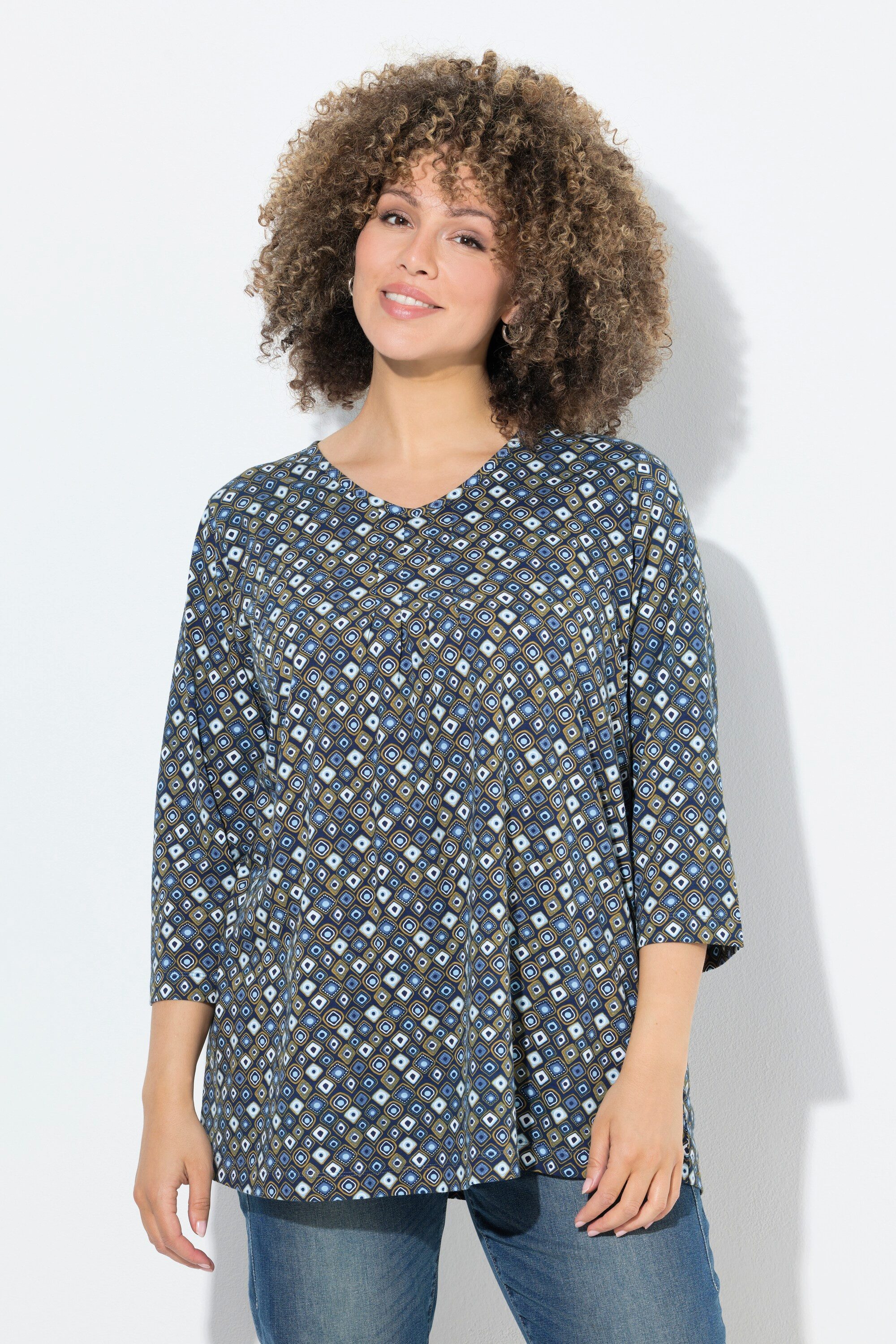 Ulla Popken T-Shirt Shirt Animaldruck A-Linie V-Ausschnitt 3/4-Arm