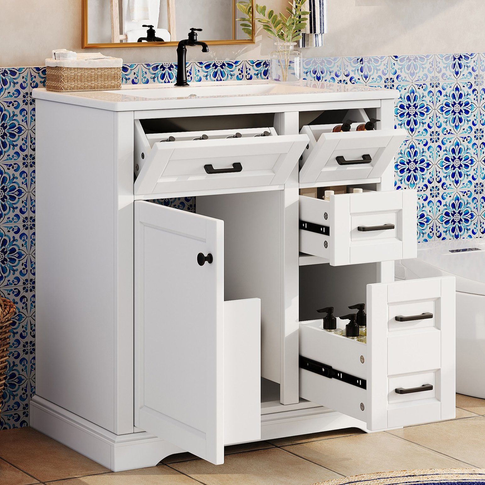 REDOM Waschbeckenunterschrank Badezimmerschrank 76x47x82 cm, mit integriertem Keramikbecken (seitlicher 2-Ebenen-Schublade, lackierter Oberfläche und sanfter Türschließung) Badmöbel, Badschrank