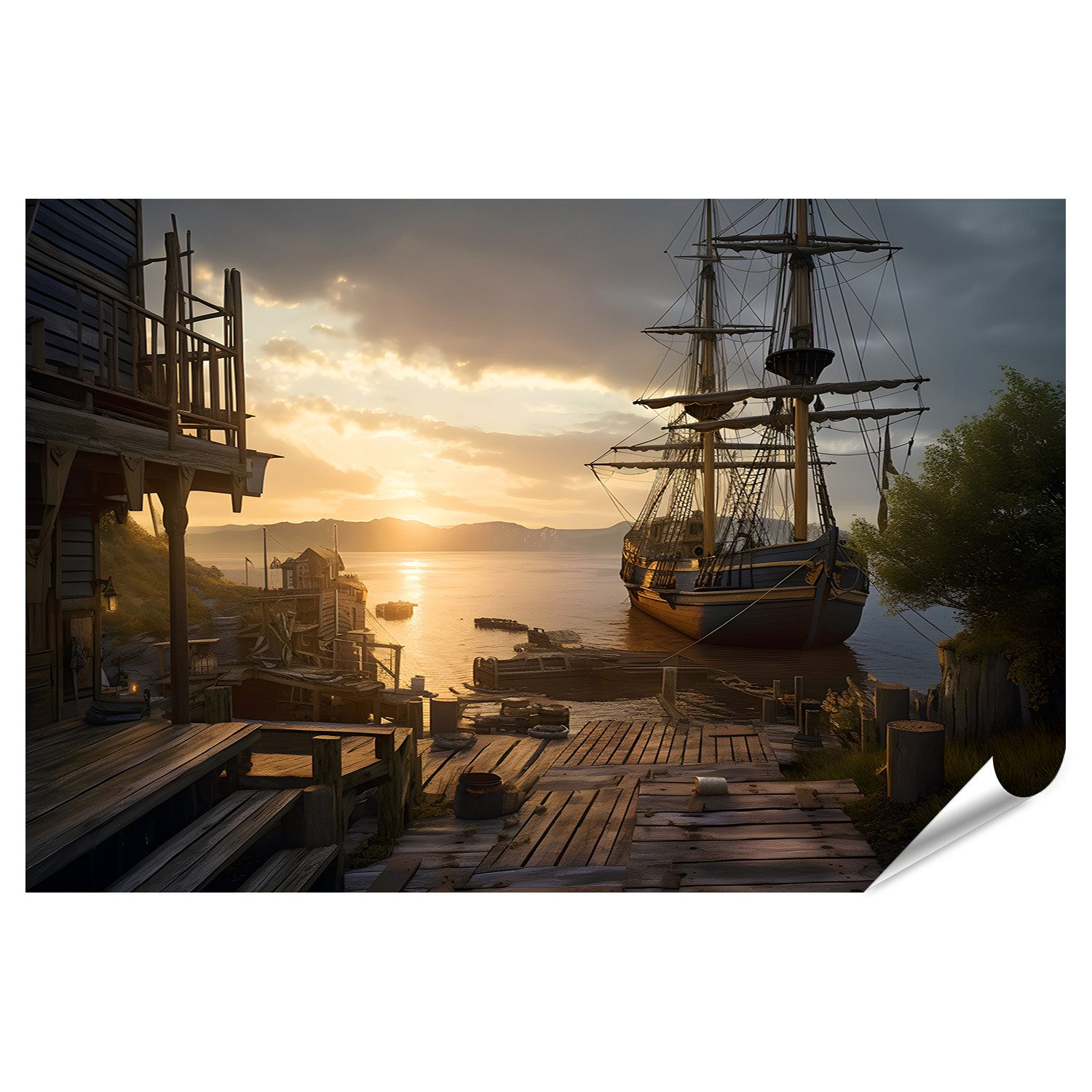 Poster Piraten Schiff mit Blick auf alte Segelschiffe Meer Sonnenun Bilder
