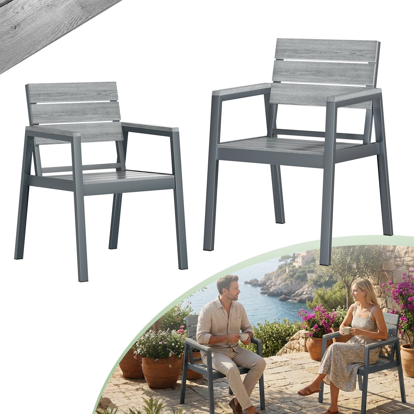 HOMALL Gartenstuhl Stapelbar Aluminium Gartensessel Wetterfest, max Belastung 180kg (Set, 2 St), Korrosionsbeständigkeit, verstärkter Alu-Outdoorstuhl