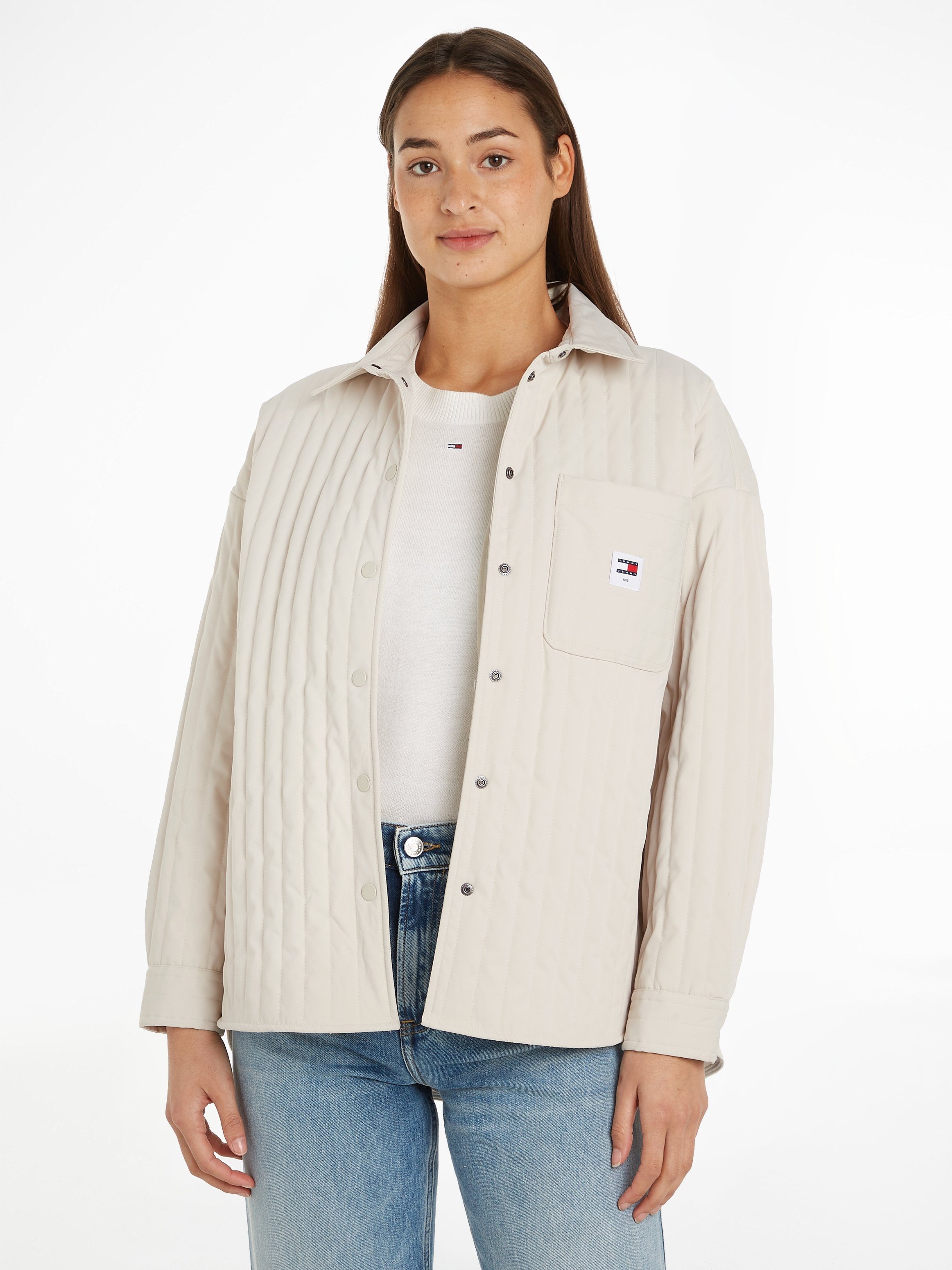 Tommy Logopatch Newsprint Jeans Blusentop OVERSHIRT mit QUILTED TJW