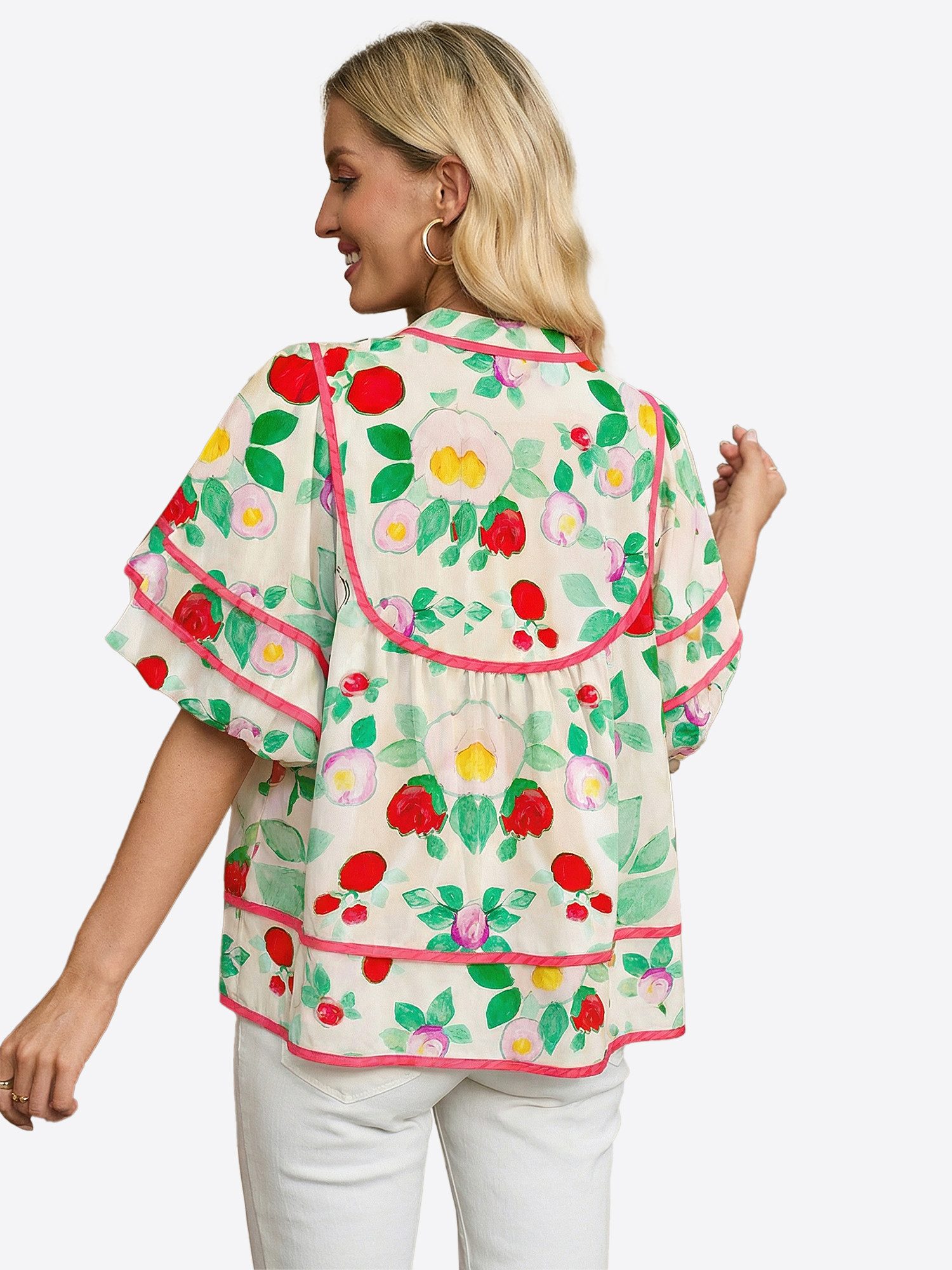 Imily Bela Kurzarmbluse Damen Babydoll Tops mit Blumenmuster (Packung, 1-tlg., 1per-Pack) mit V-Ausschnitt