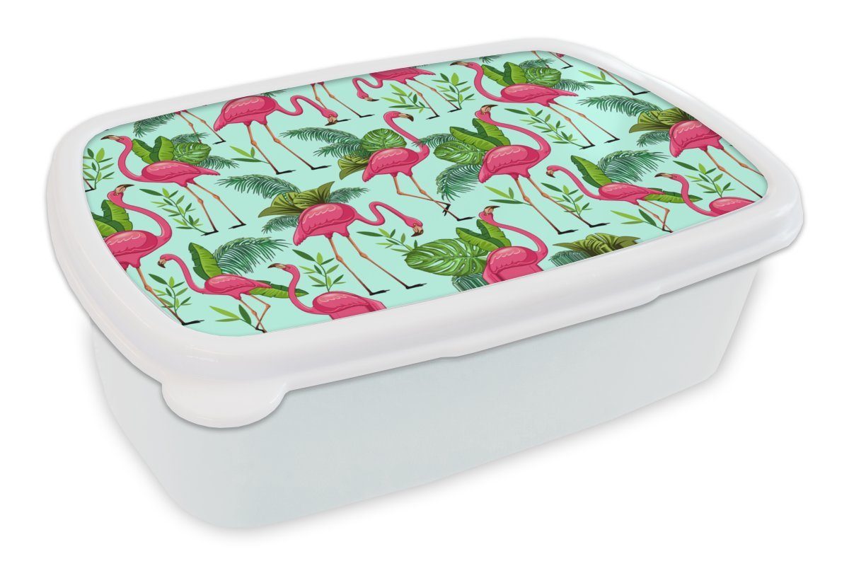 MuchoWow Lunchbox Flamingo - Dschungel - Tiere - Muster, Kunststoff, (2-tlg), Brotbox für Kinder und Erwachsene, Brotdose, für Jungs und Mädchen weiß