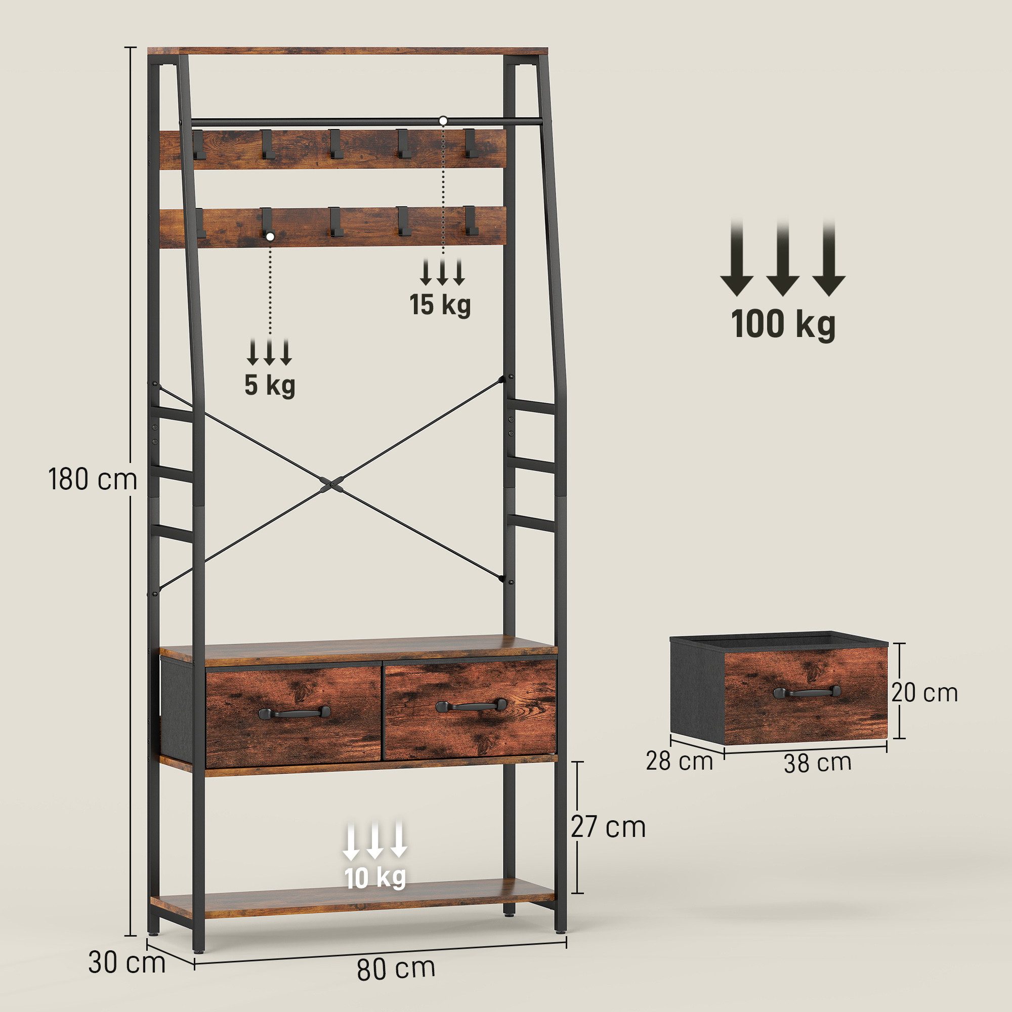 HOMCOM Garderobenständer Schuhbank, Kleiderstange, Industrie-Design Garderobe, Höhe 180 cm, (Jackenständer, 1 St., Kleiderständer), für Eingangsbereich, Flur, Rustikal-Braun