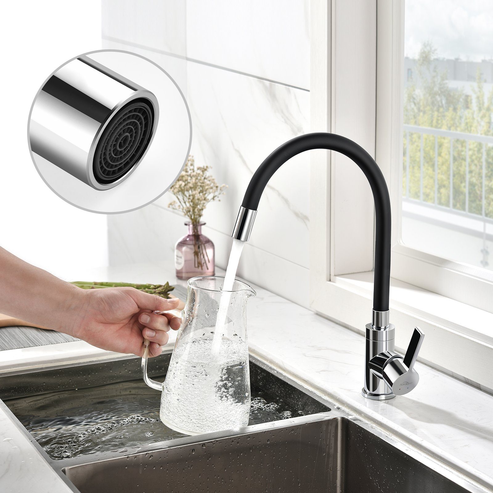 mit Hochdruck Wasserhahn Küchenarmatur Auslauf Schwarz Küchenarmatur 360° Flexibler Auralum