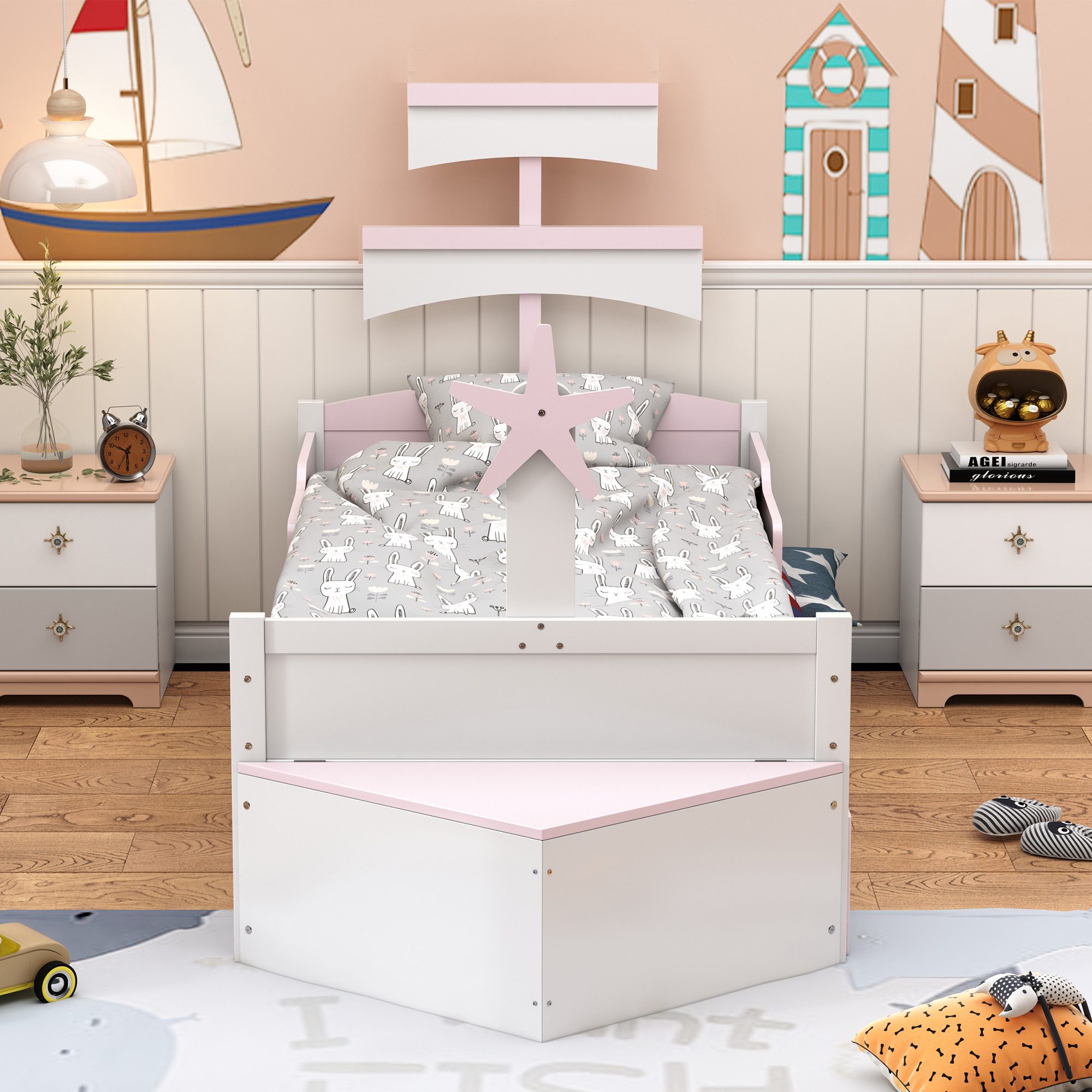 OKWISH Kinderbett Holz-Einzelbett in Segelbootform, Funktionsbett günstig online kaufen