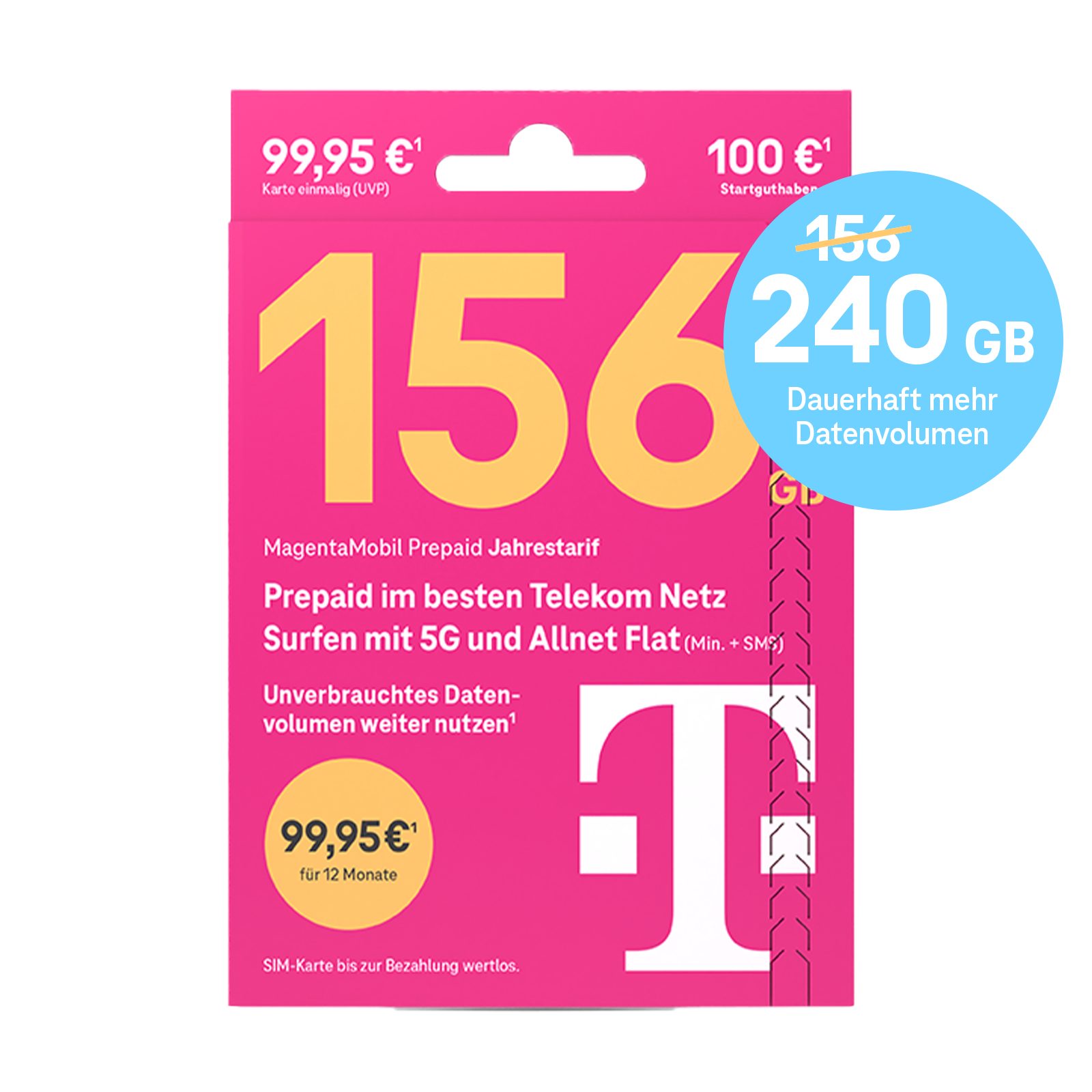 Telekom MagentaMobil Prepaid Jahrestarif Simkarte mit 100 € Startguthaben Prepaidkarte, (EU-Roaming inkl. Schweiz und Großbritannien)